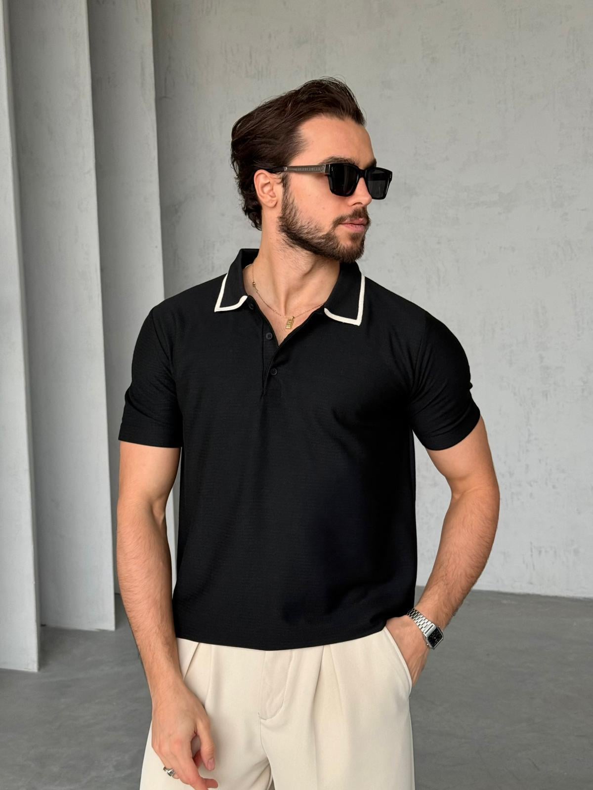 Düğmeli Polo Yaka Triko M - Siyah