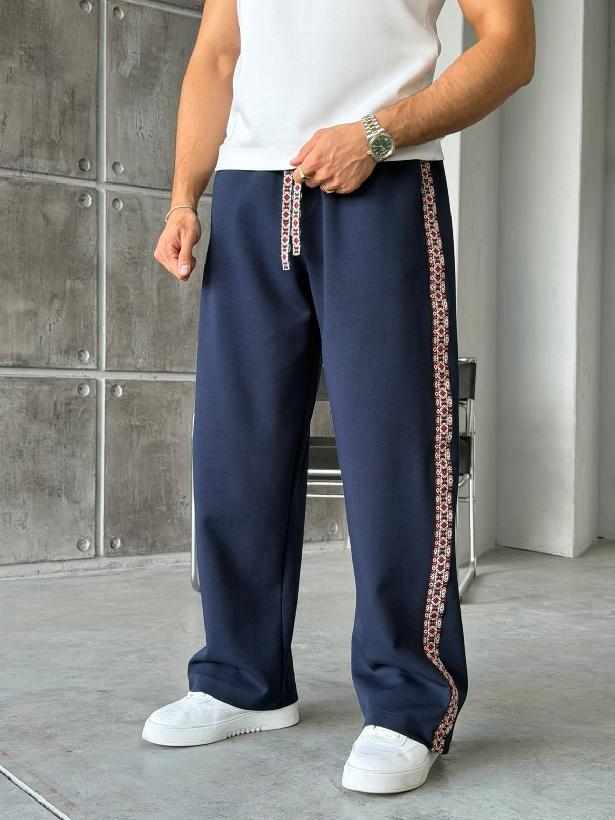 Etnik Desen Şeritli Tasarım Baggy Eşofman Lacivert