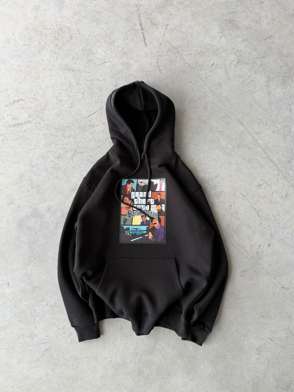 Fathers Baskılı Oversize 3 İplik Kapüşonlu Sweat Siyah