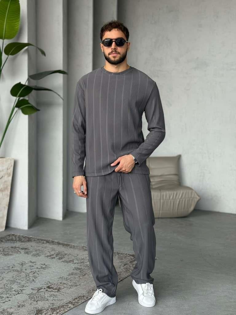 Fitilli Bisiklet Yaka Ottoman Kumaş Takım - Füme