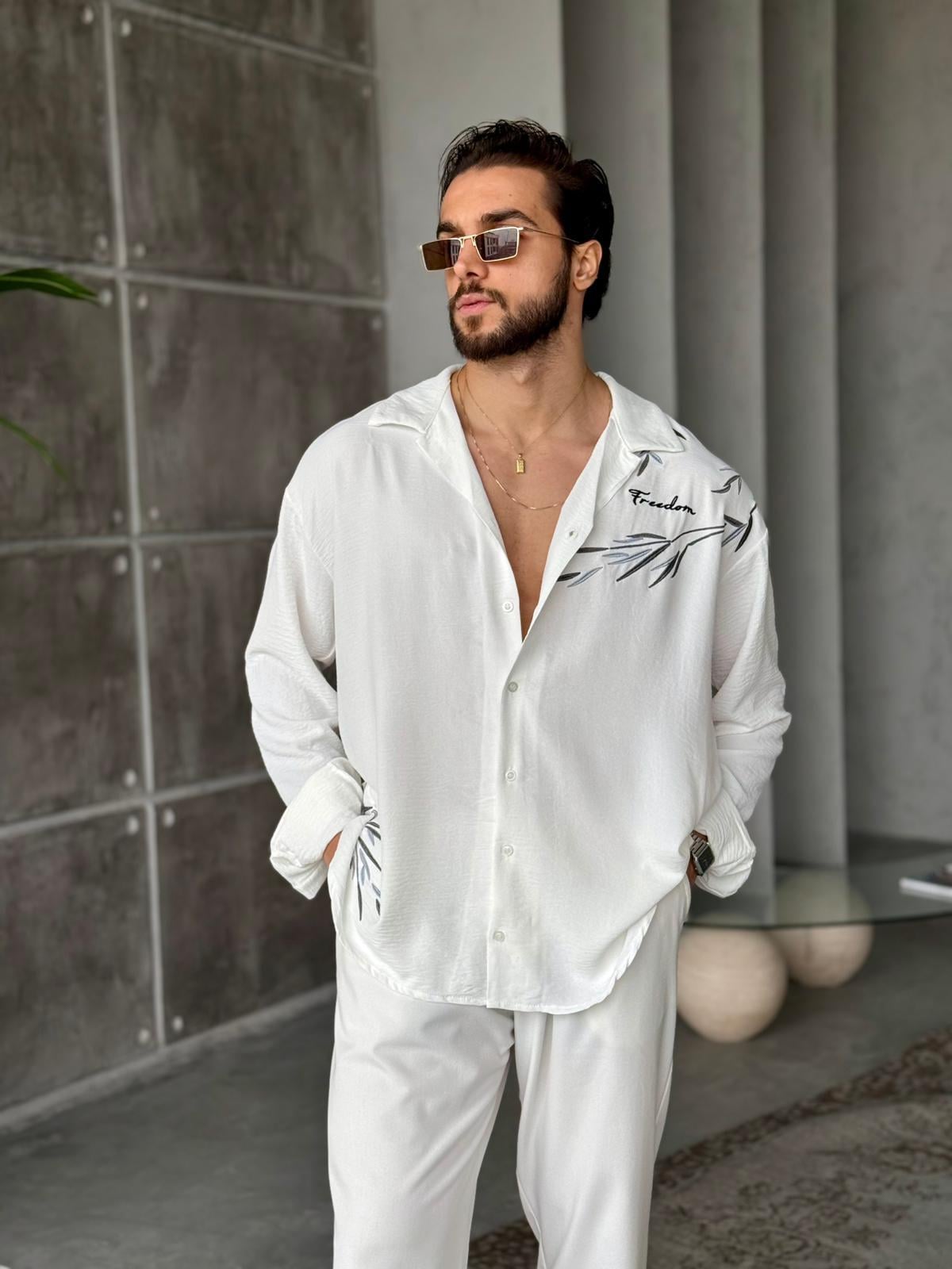 Freedom Nakış Detaylı Oversize Gömlek T - Beyaz