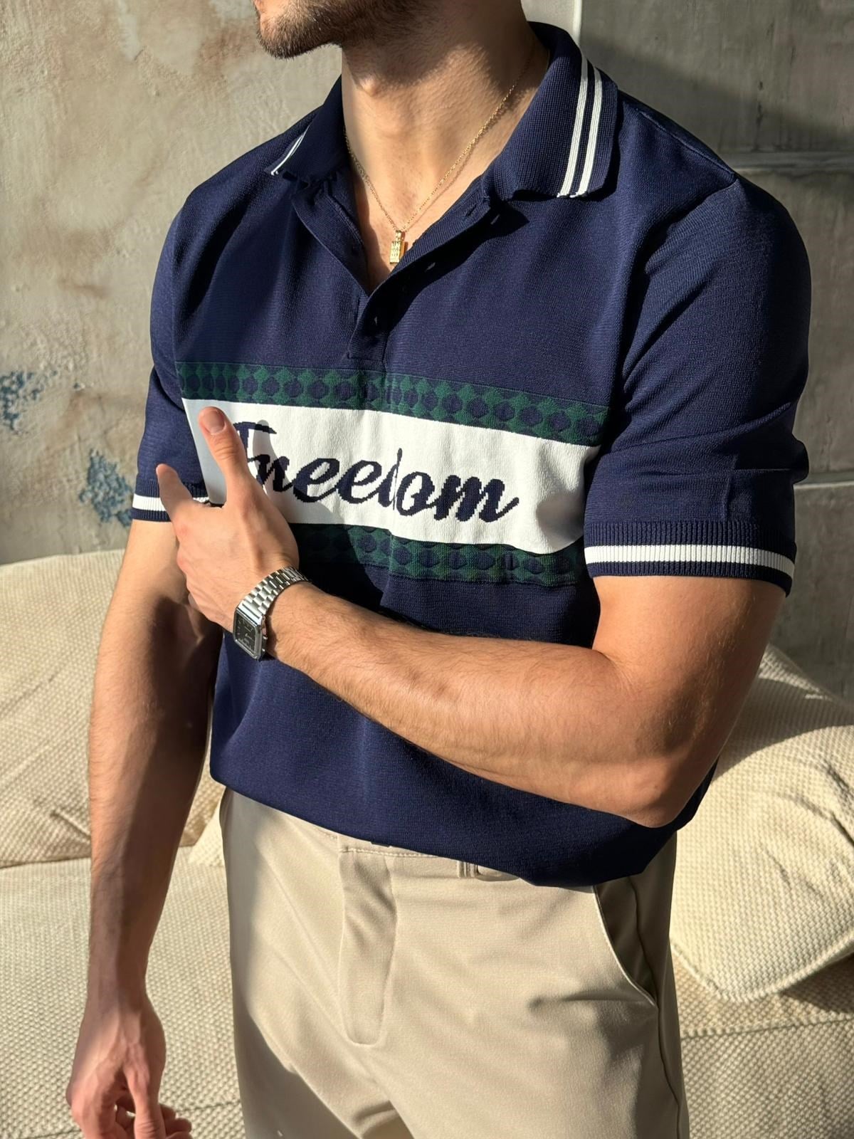Freedom Nakışlı Polo yaka Triko T - Lacivert