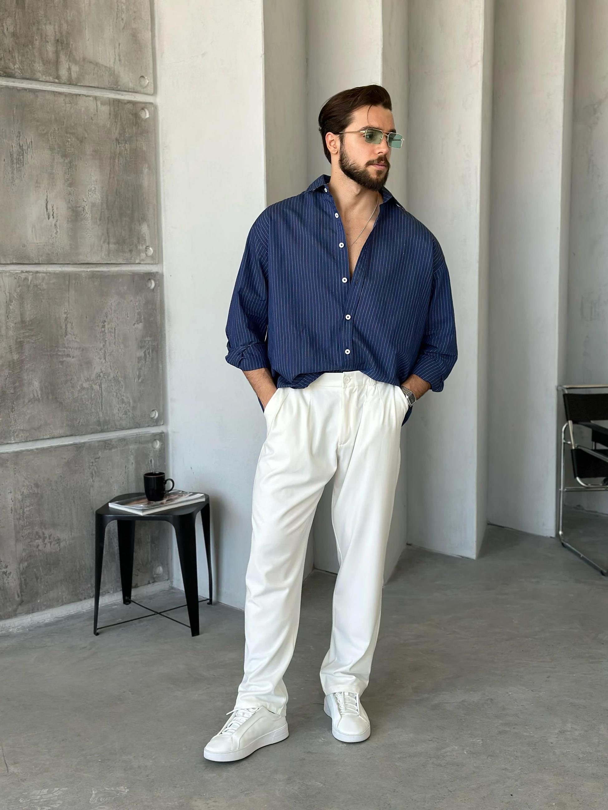 GM1000 Çizgili oversize gömlek LACİVERT