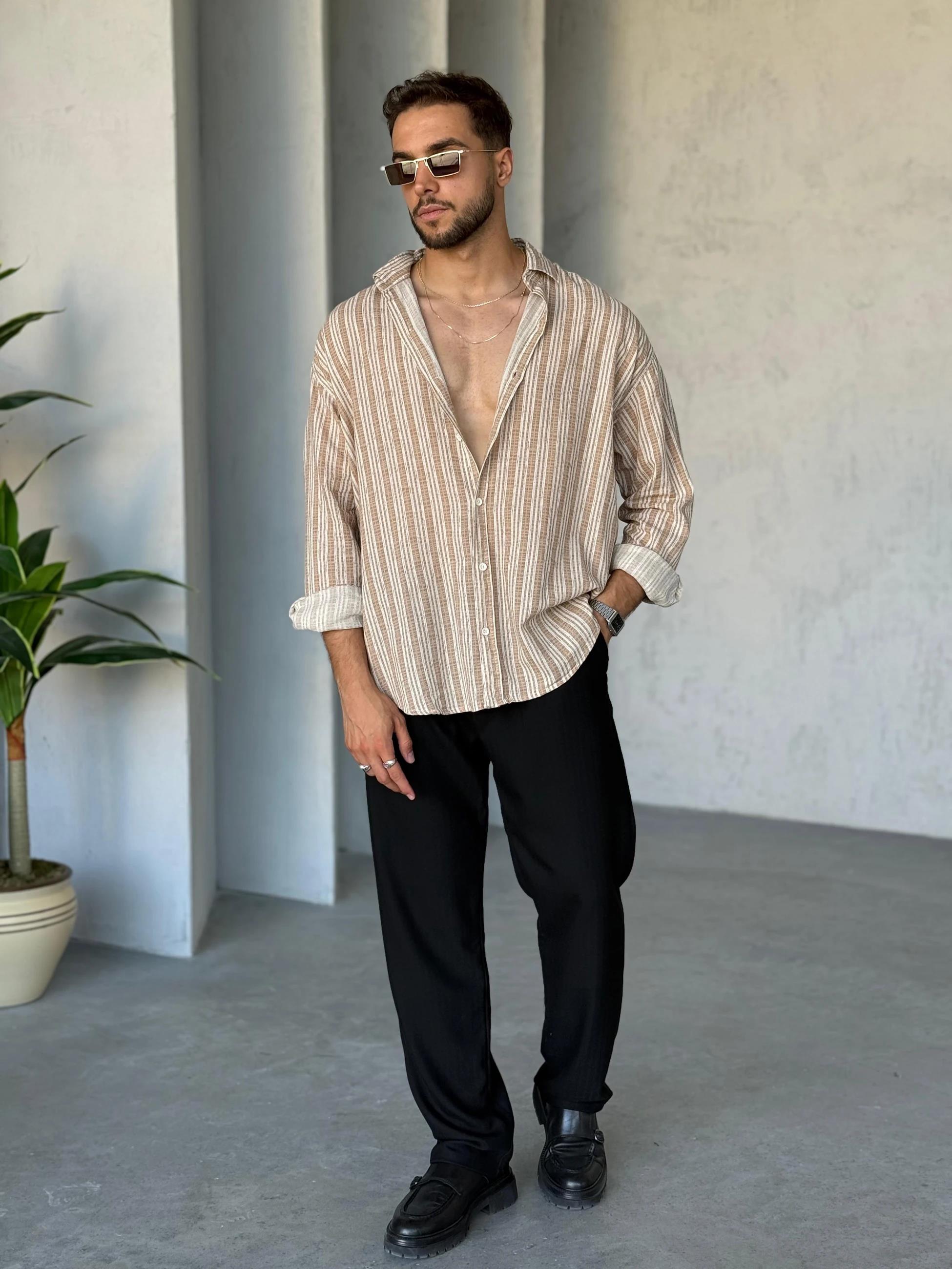 GM3040 Çizgili Oversize Gömlek Kahve