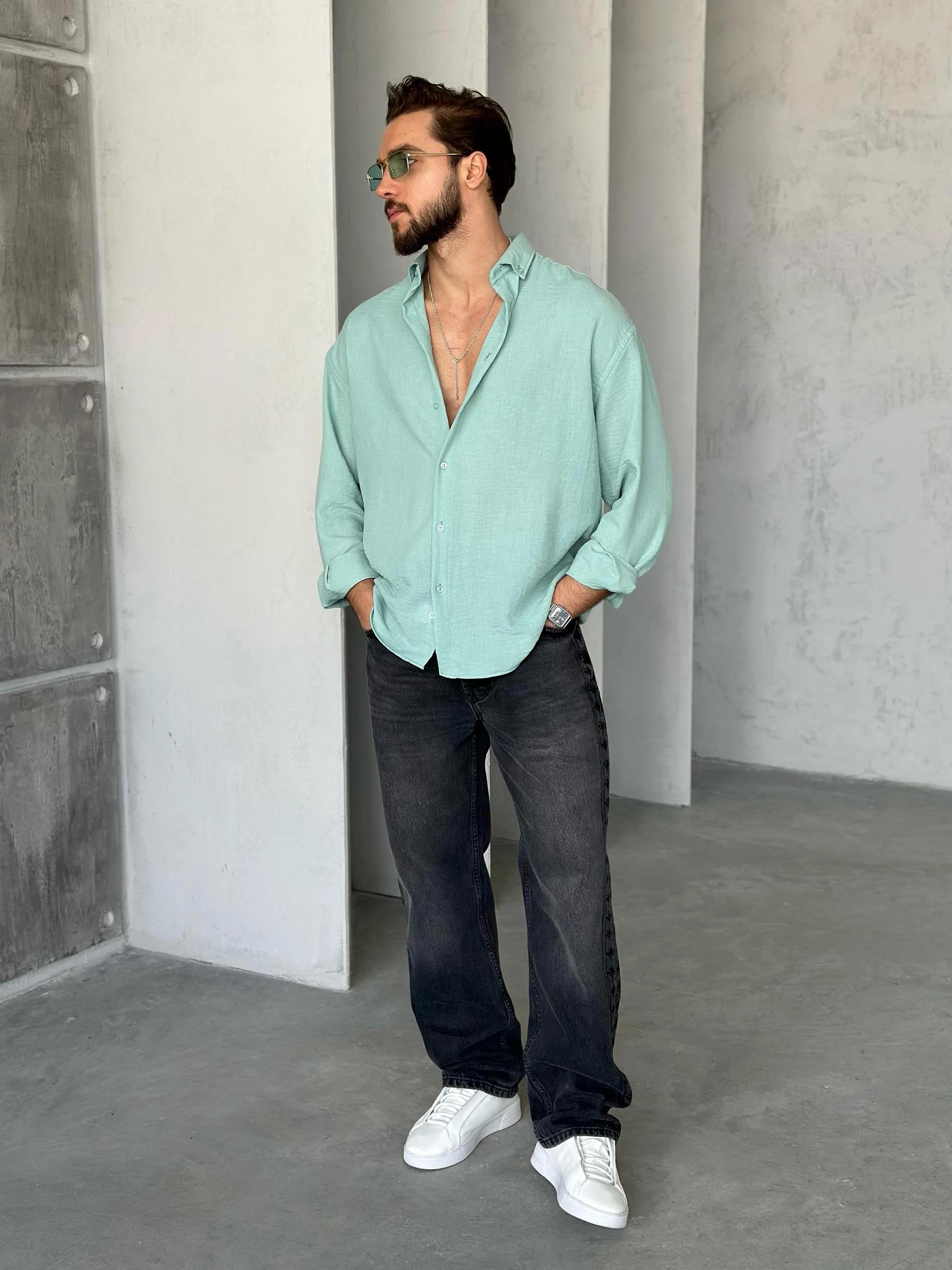 GM401 Soft Basic Oversize Gömlek SU YEŞİLİ K