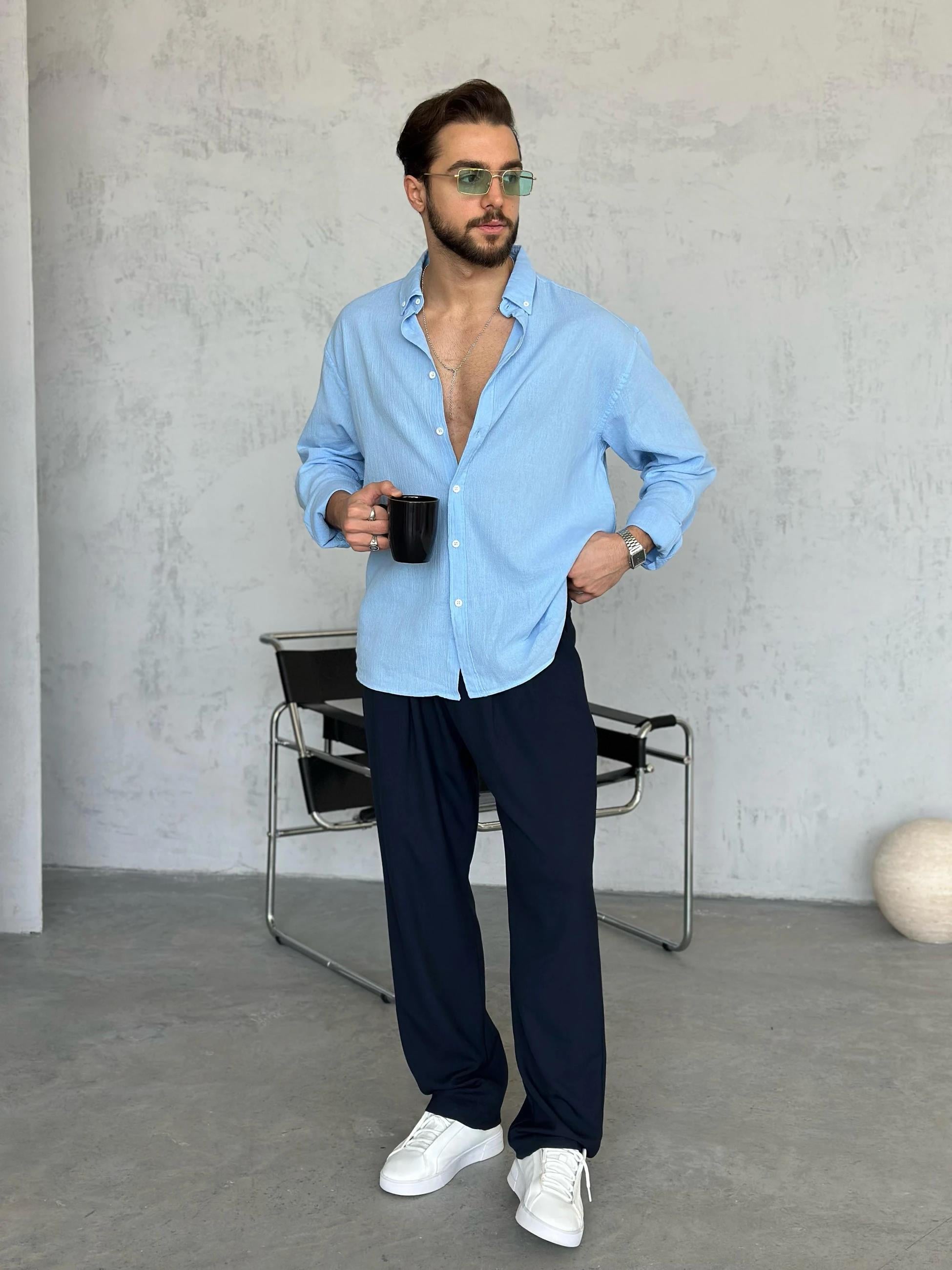 GM54745 Oversize krınkıl keten gömlek MAVİ