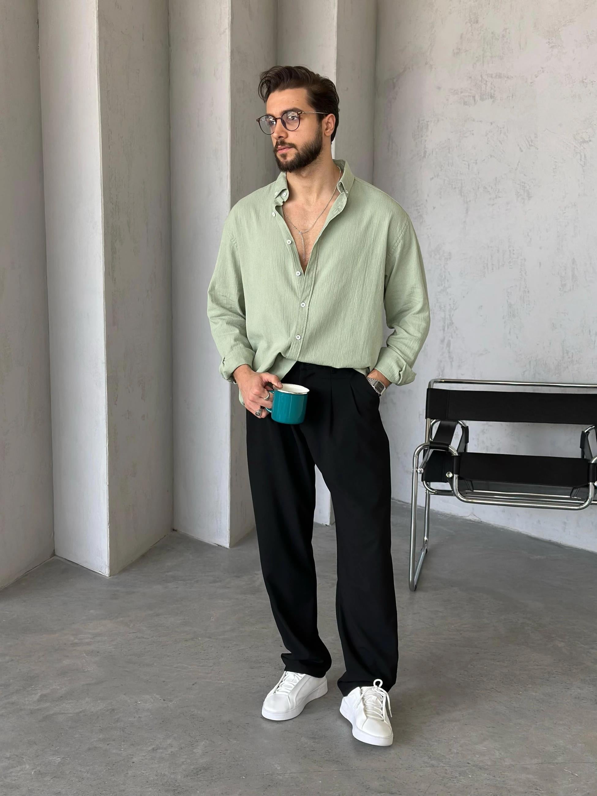 GM54746 Oversize krınkıl keten gömlek YEŞİL