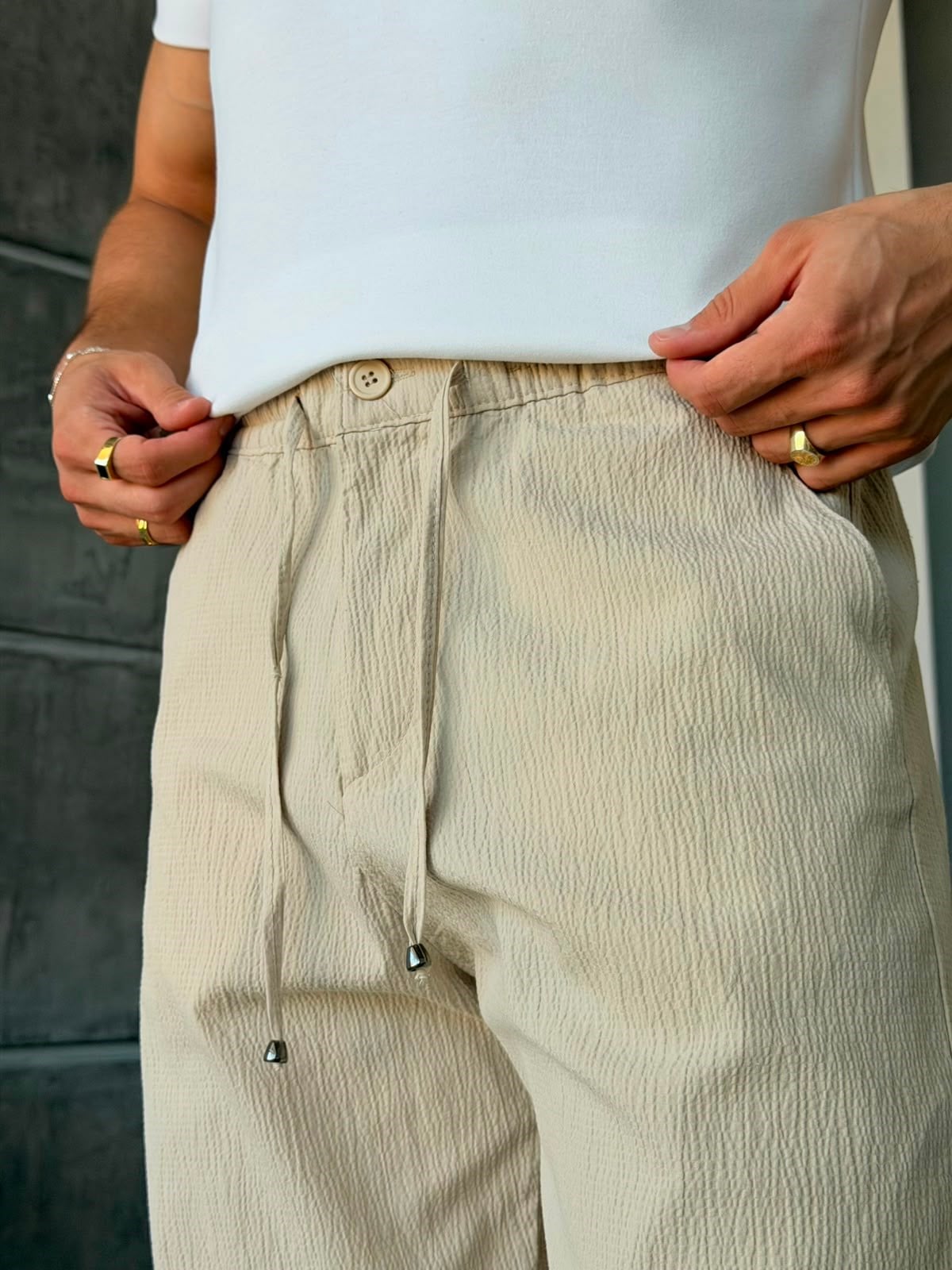 GOFRE KUMAŞ JOGGER PANTOLON W BEJ