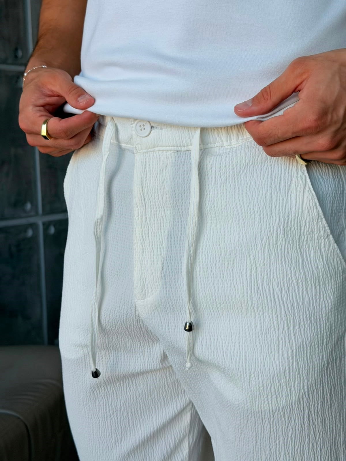 GOFRE KUMAŞ JOGGER PANTOLON W BEYAZ