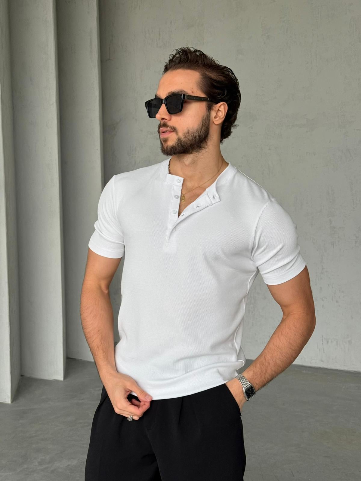 Hanley Yaka Fitilli T-Shirt M - Beyaz
