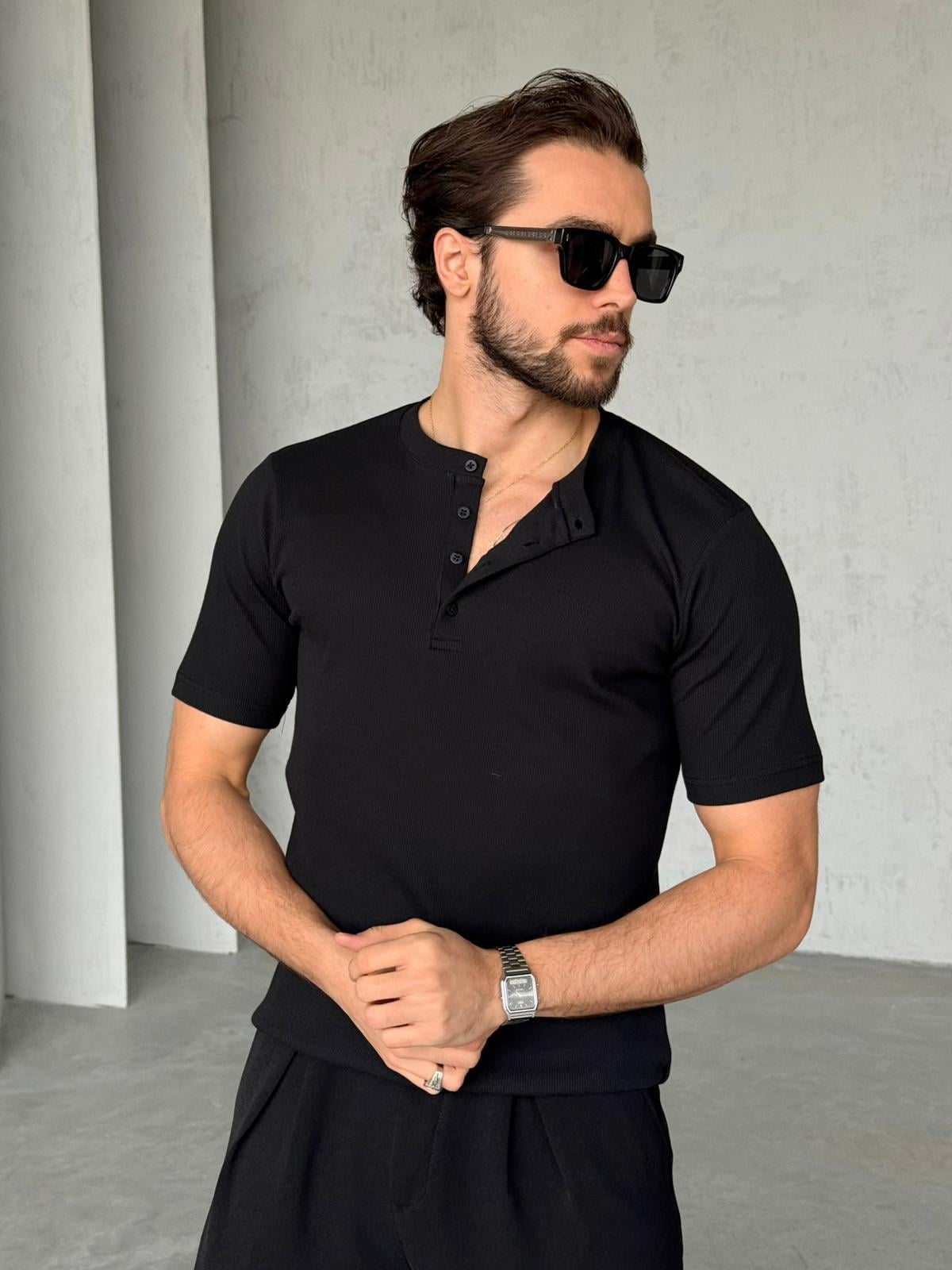 Hanley Yaka Fitilli T-Shirt M - Siyah