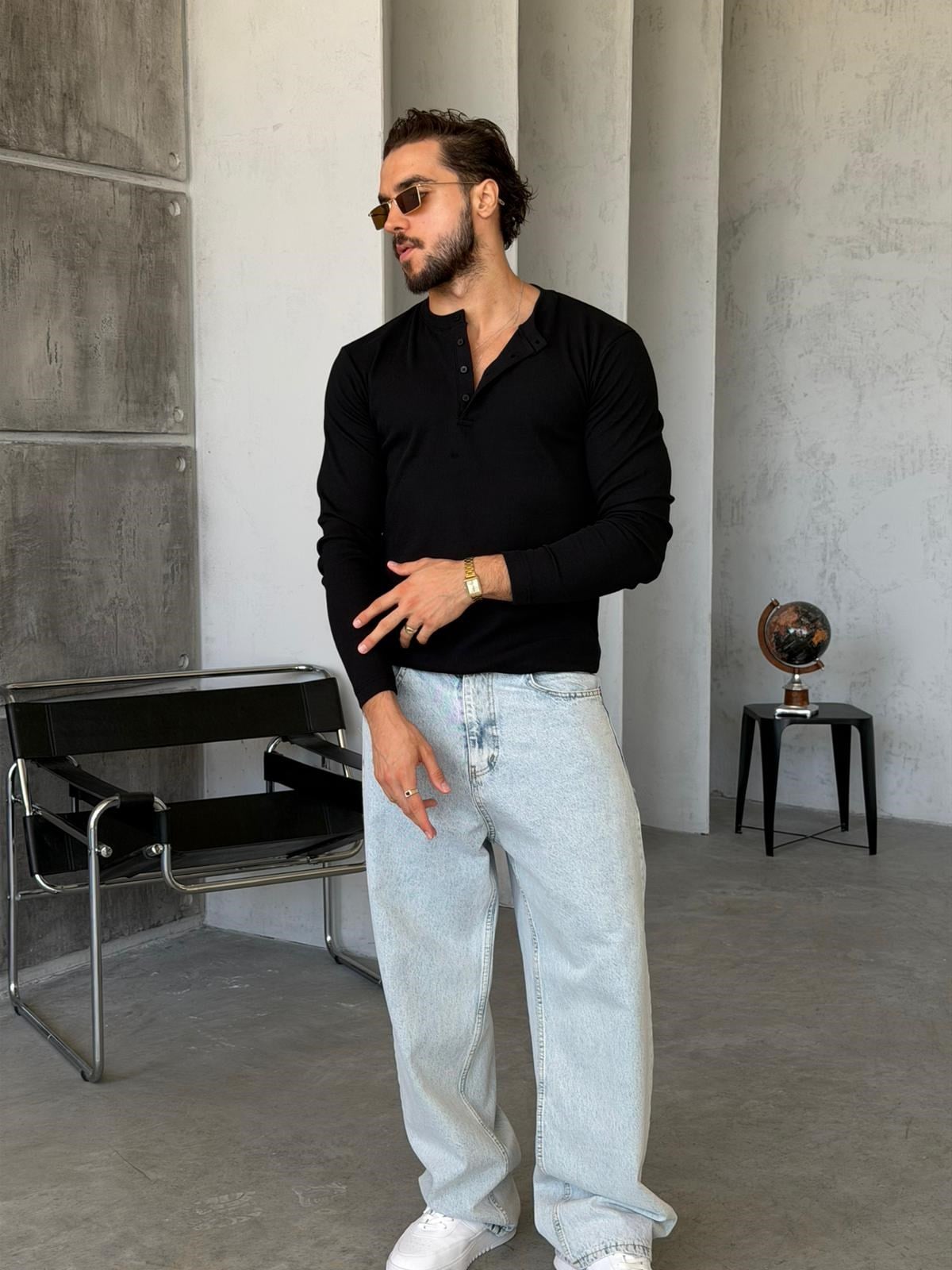 Henley Yaka Fitilli Uzun Kol M - SİYAH
