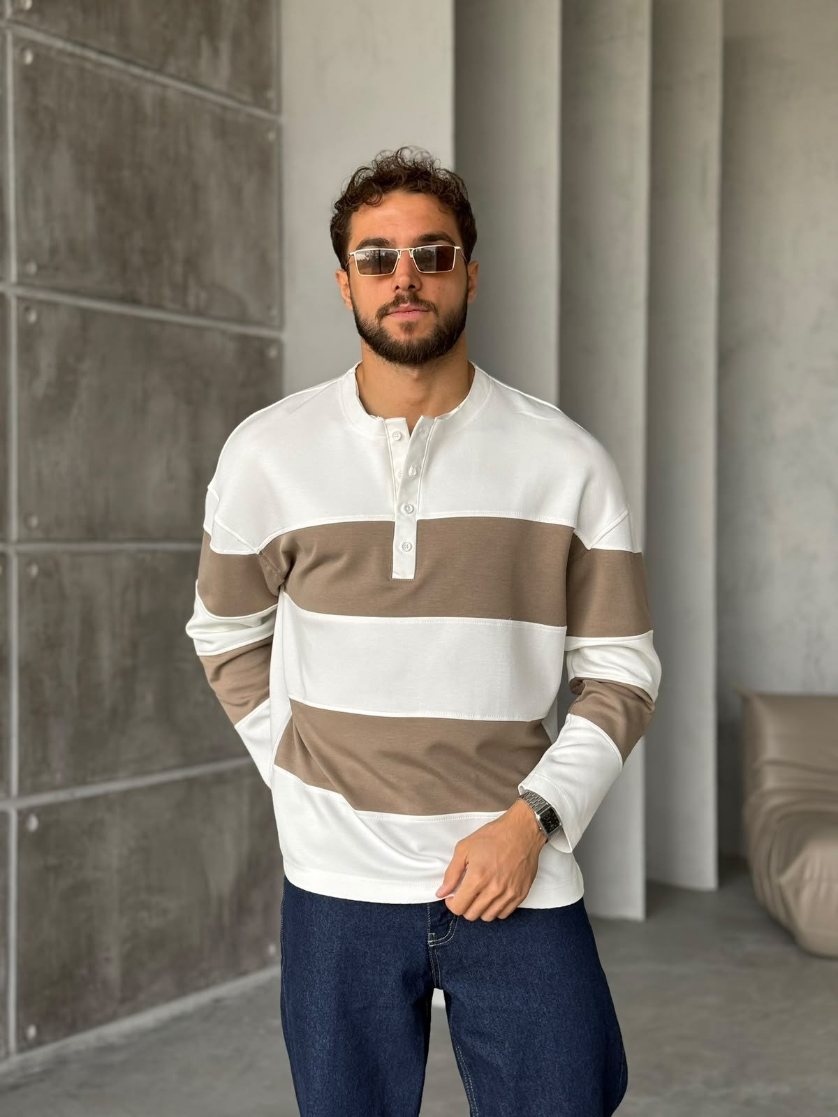 Henley Yaka Modal Kumaş Çizgili A Kahve