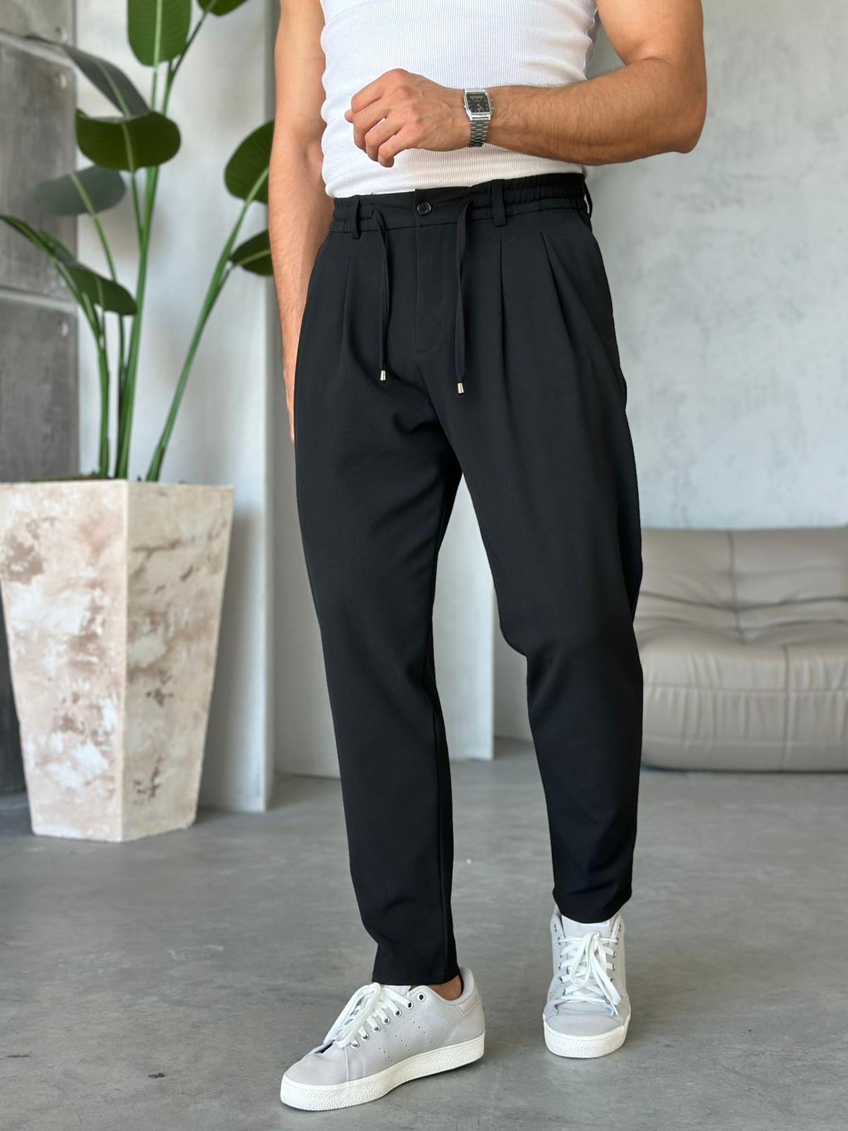 İp Pileli Jogger Pantolon Siyah