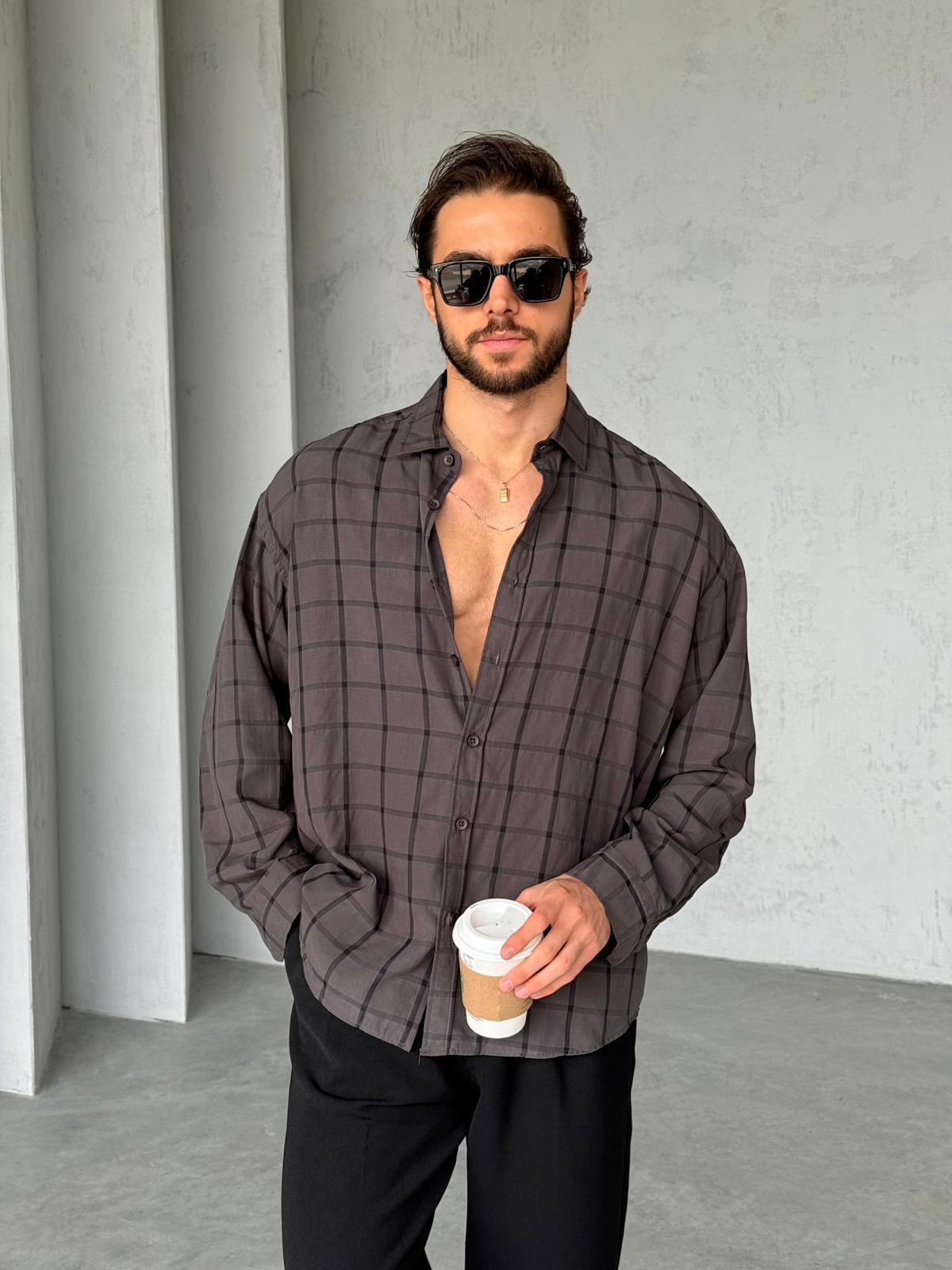 Kareli Line Modal Kumaş Oversize Gömlek G - Siyah