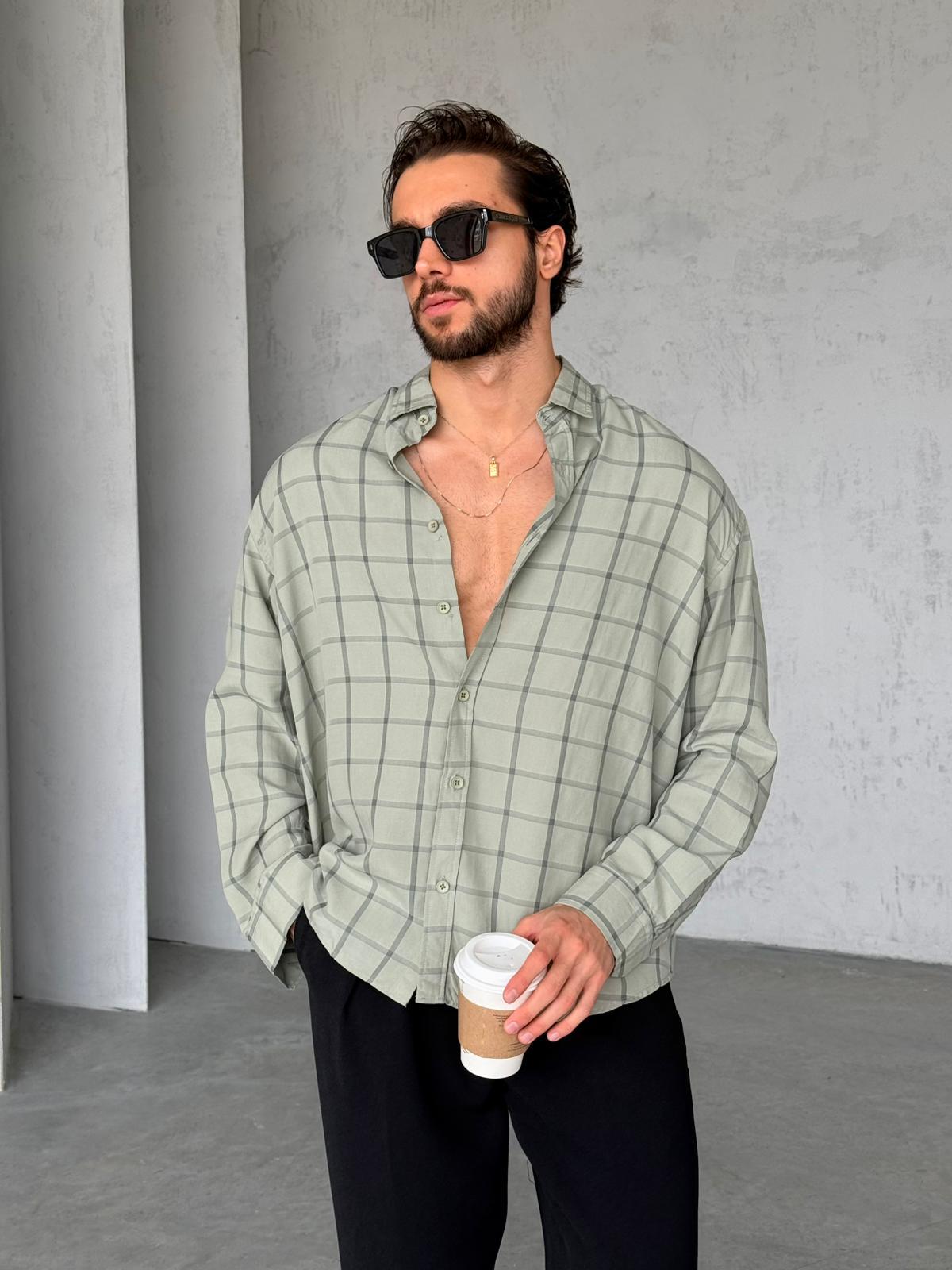 Kareli Line Modal Kumaş Oversize Gömlek G - Yeşil