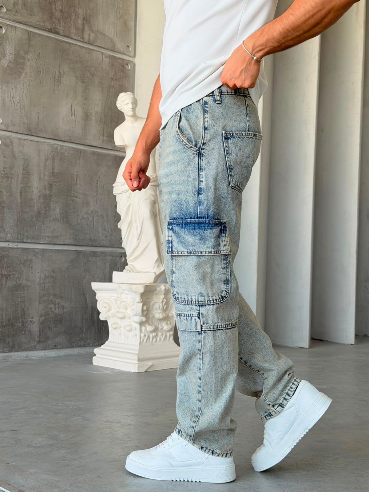 Kargo Cepli Yıkamalı Baggy Kot Pantolon-W