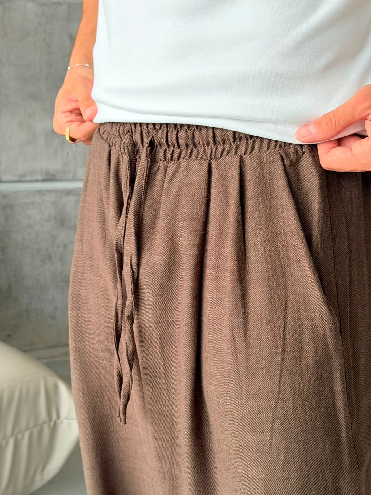 KETEN KUMAL BAGGY PİLELİ PANTOLON K - KAHVERENGİ