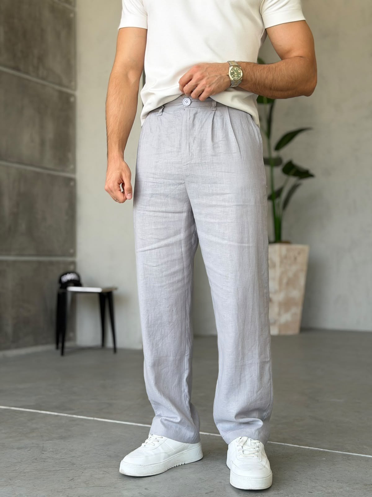 Keten Kumaş Pileli Baggy Pantolon T Gri
