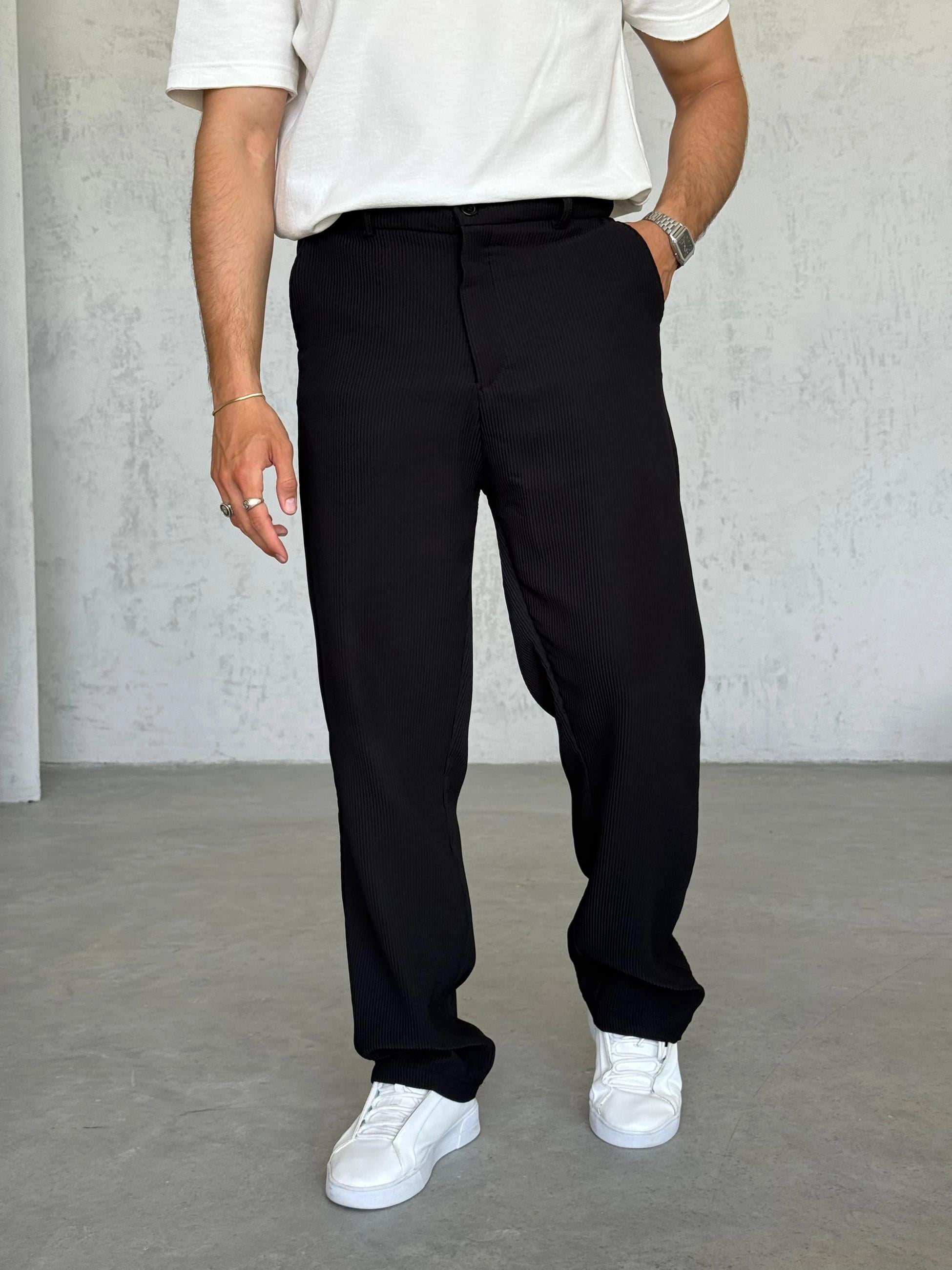 KM50730 Fitilli Baggy Kumaş Pantolon Siyah