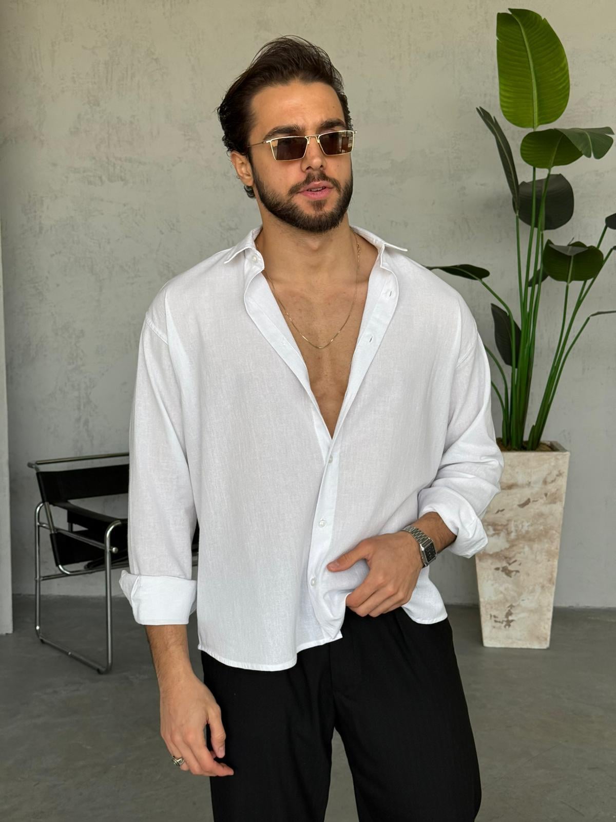 Krinkıl Kumaş Oversize Gömlek - Beyaz