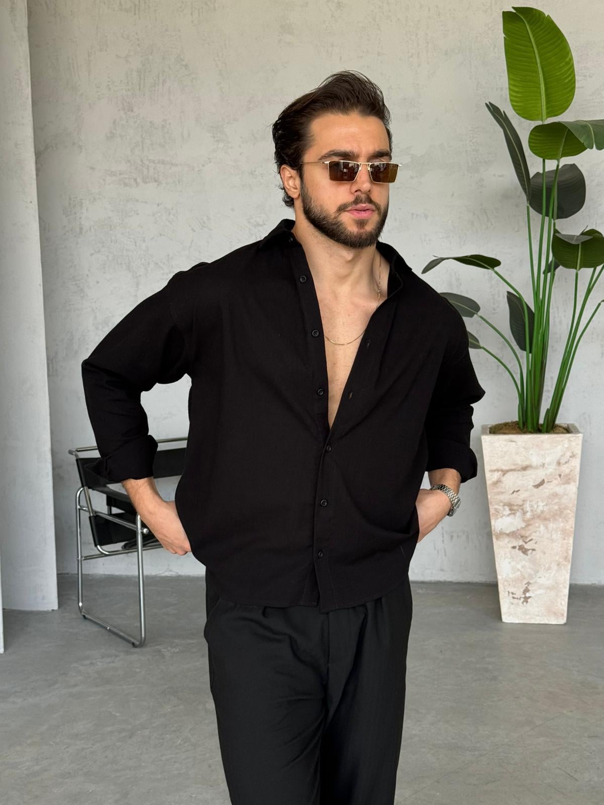 Krinkıl Kumaş Oversize Gömlek - Siyah