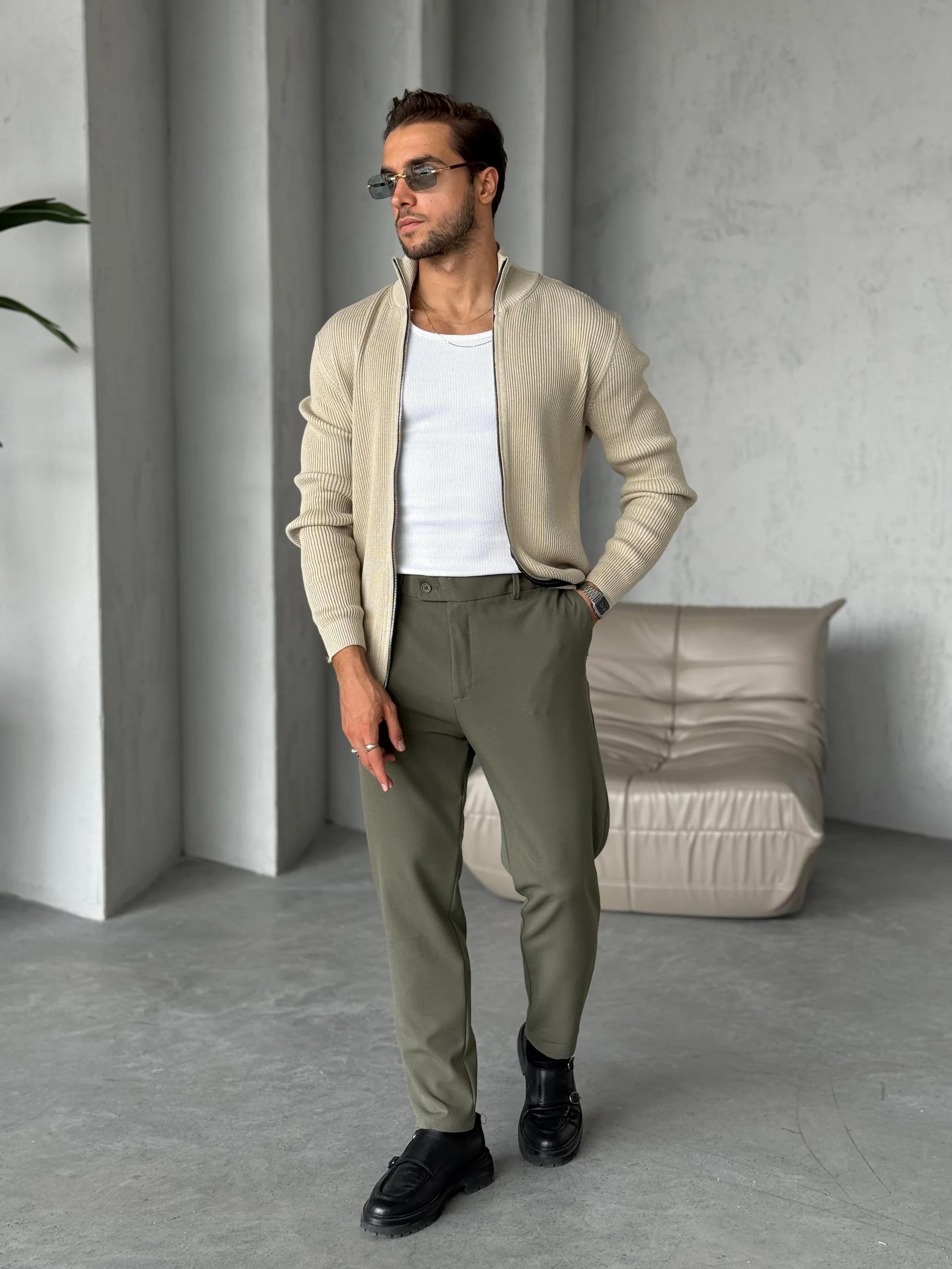 KZ010 Çift Fermuar Örme Triko Bej