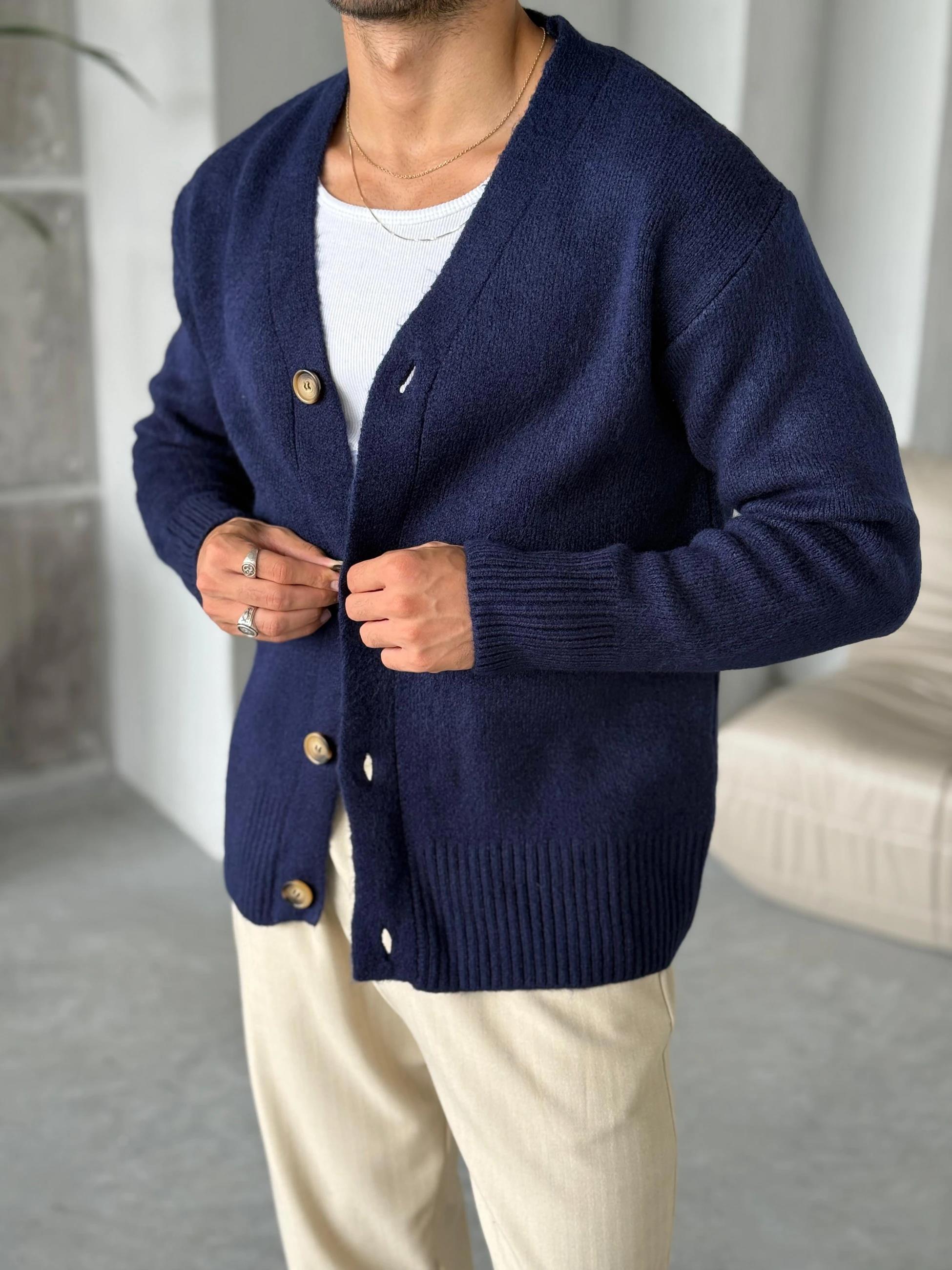 KZ027 Oversize Yün Örme Hırka Lacivert