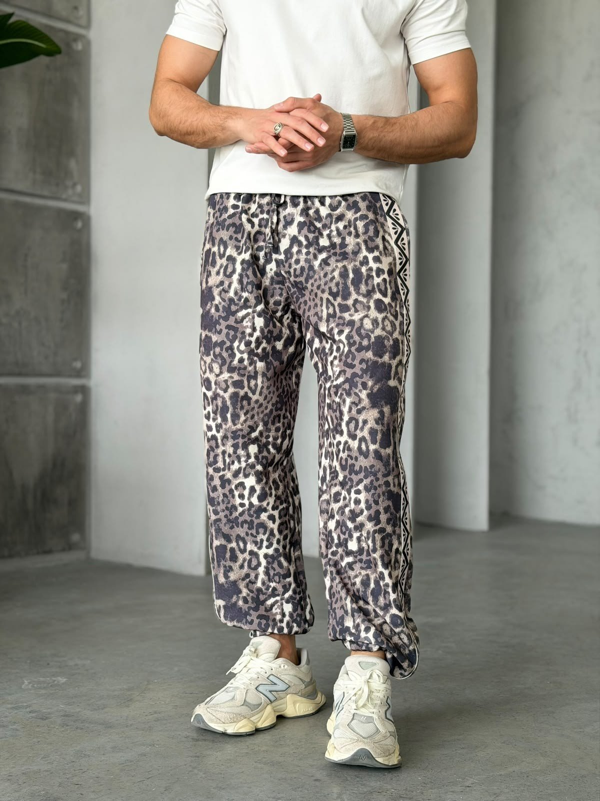 Leopar Desenli Yan Şerit Detaylı Baggy Pantolon T Açık Leopar