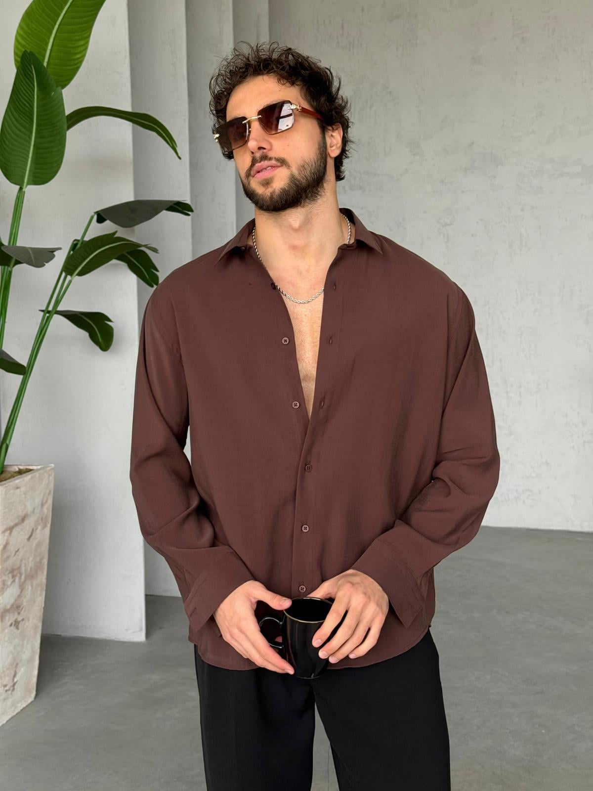 Modal Kumaş Basic Oversize Gömlek M - Kahverengi
