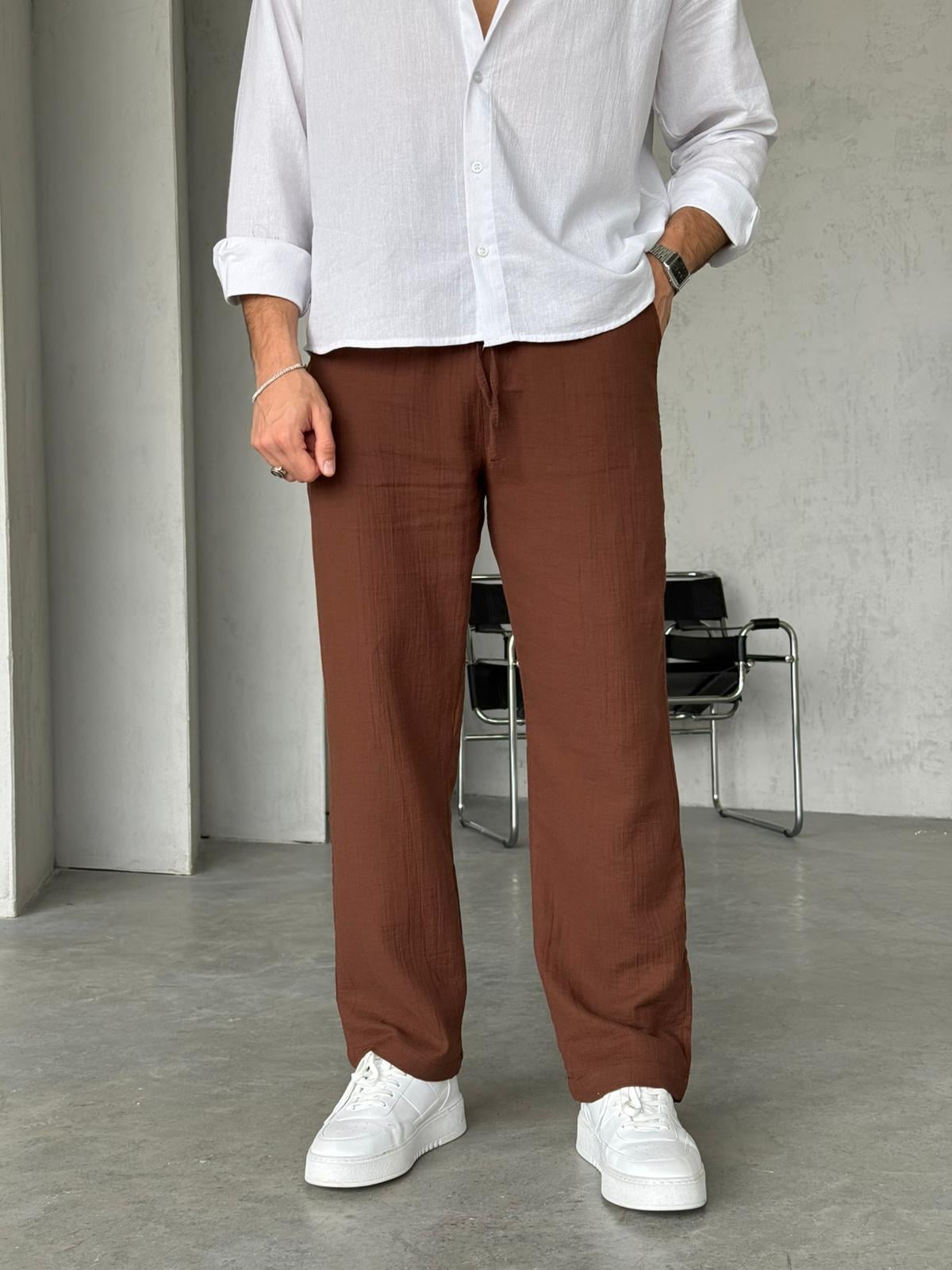 Müslin Kumaş Baggy Pantolon - Kahverengi