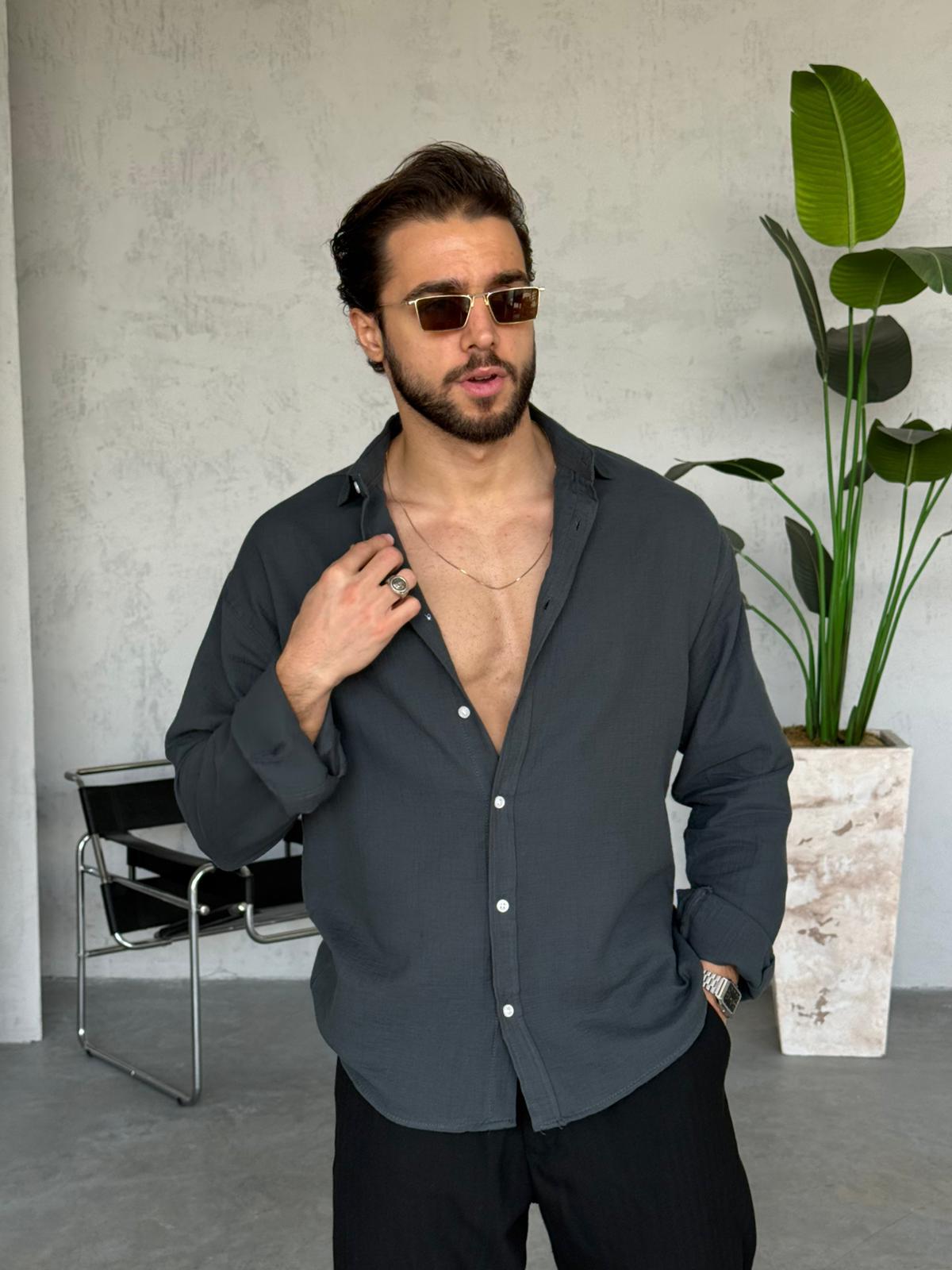 Müslin Kumaş Oversize Gömlek - Füme