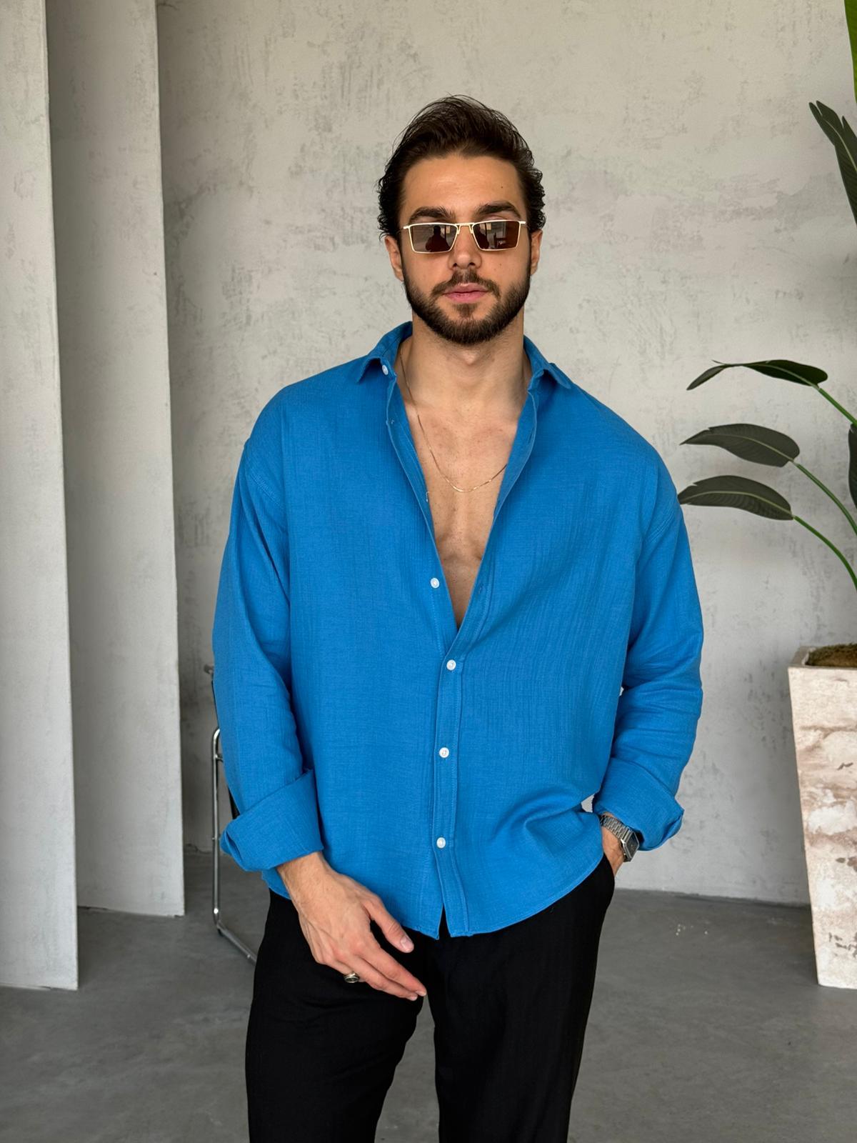 Müslin Kumaş Oversize Gömlek - Mavi