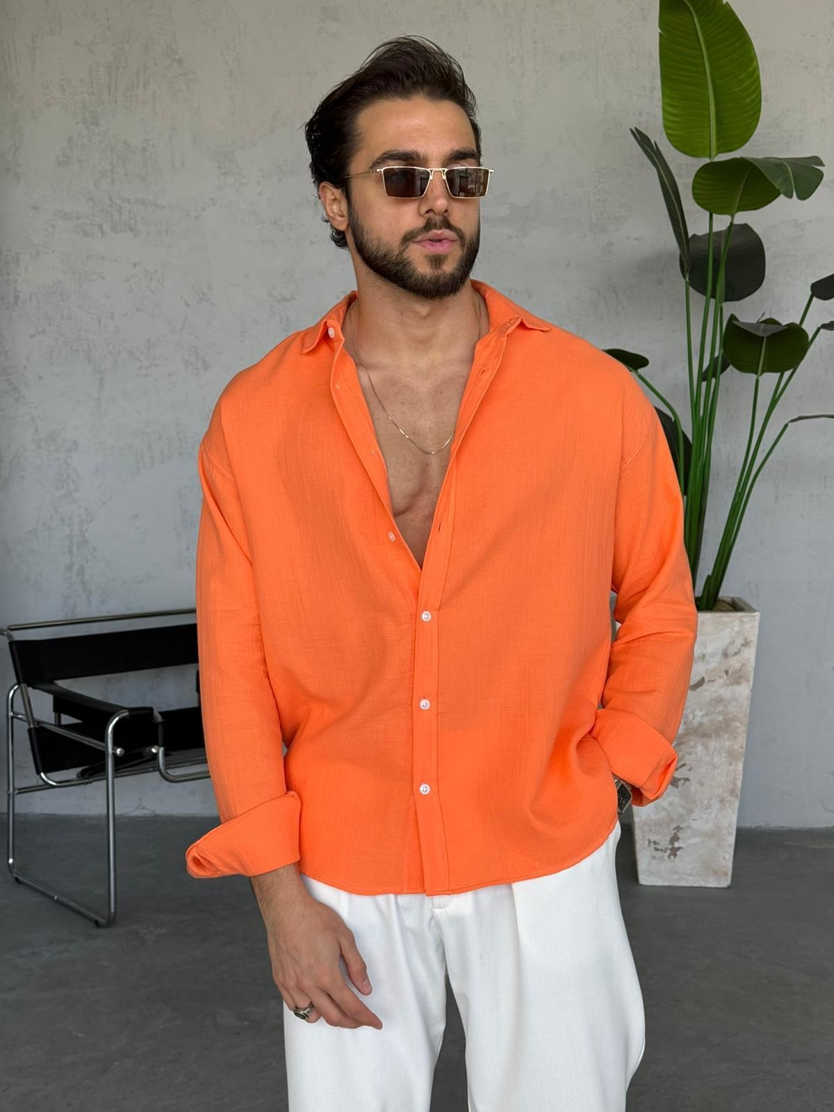 Müslin Kumaş Oversize Gömlek - Turuncu