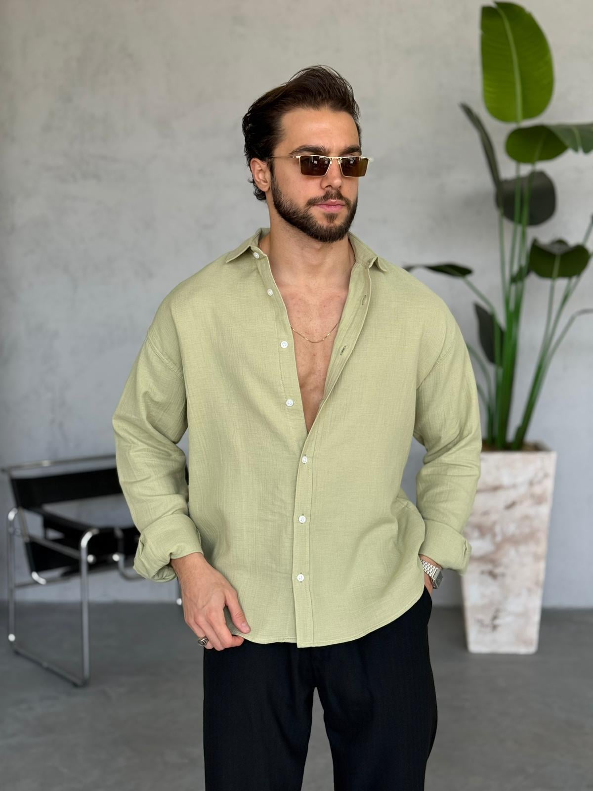 Müslin Kumaş Oversize Gömlek - Yeşil