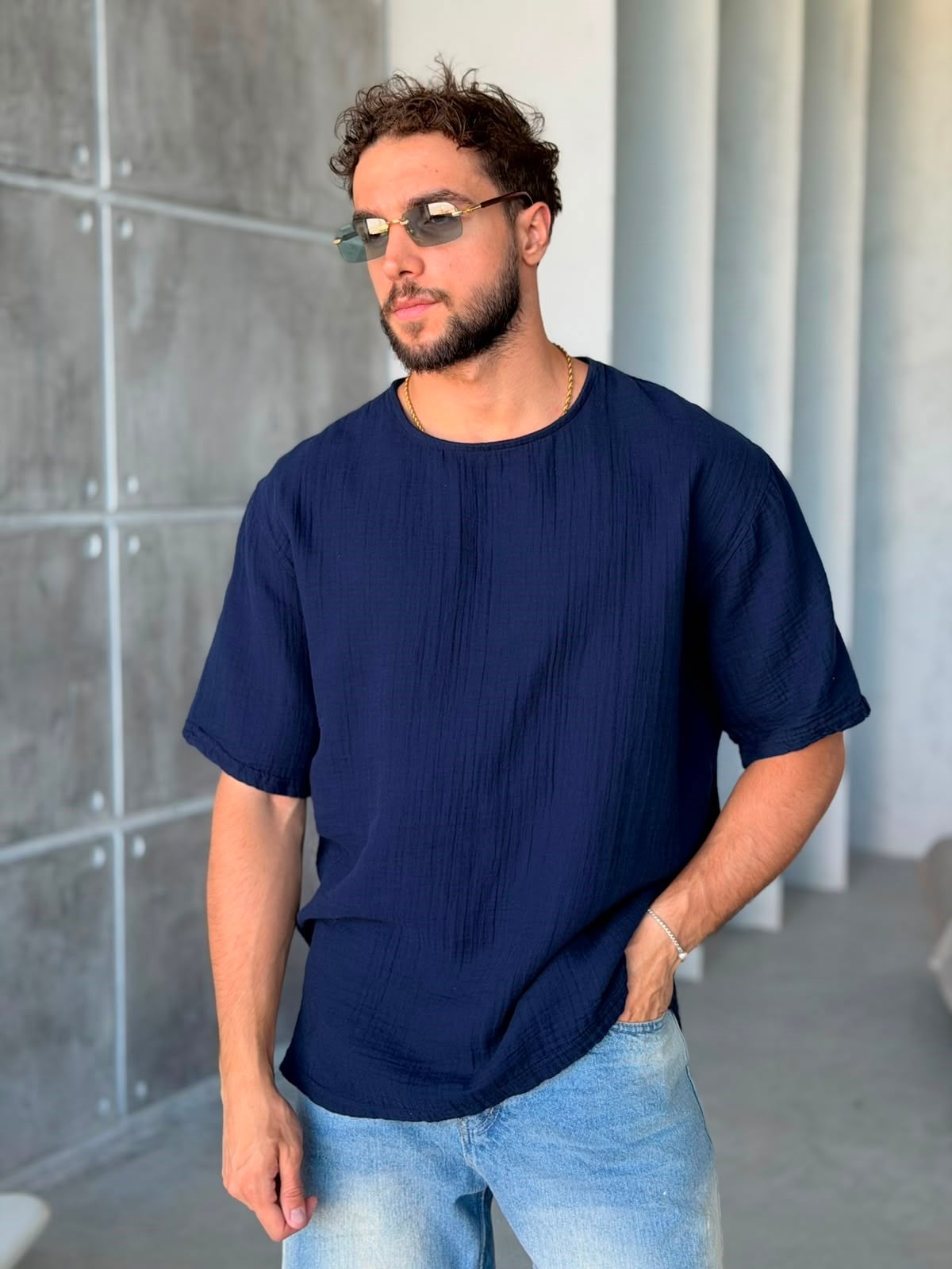 MÜSLİN KUMAŞ OVERSIZE T-SHİRT- LACİVERT 