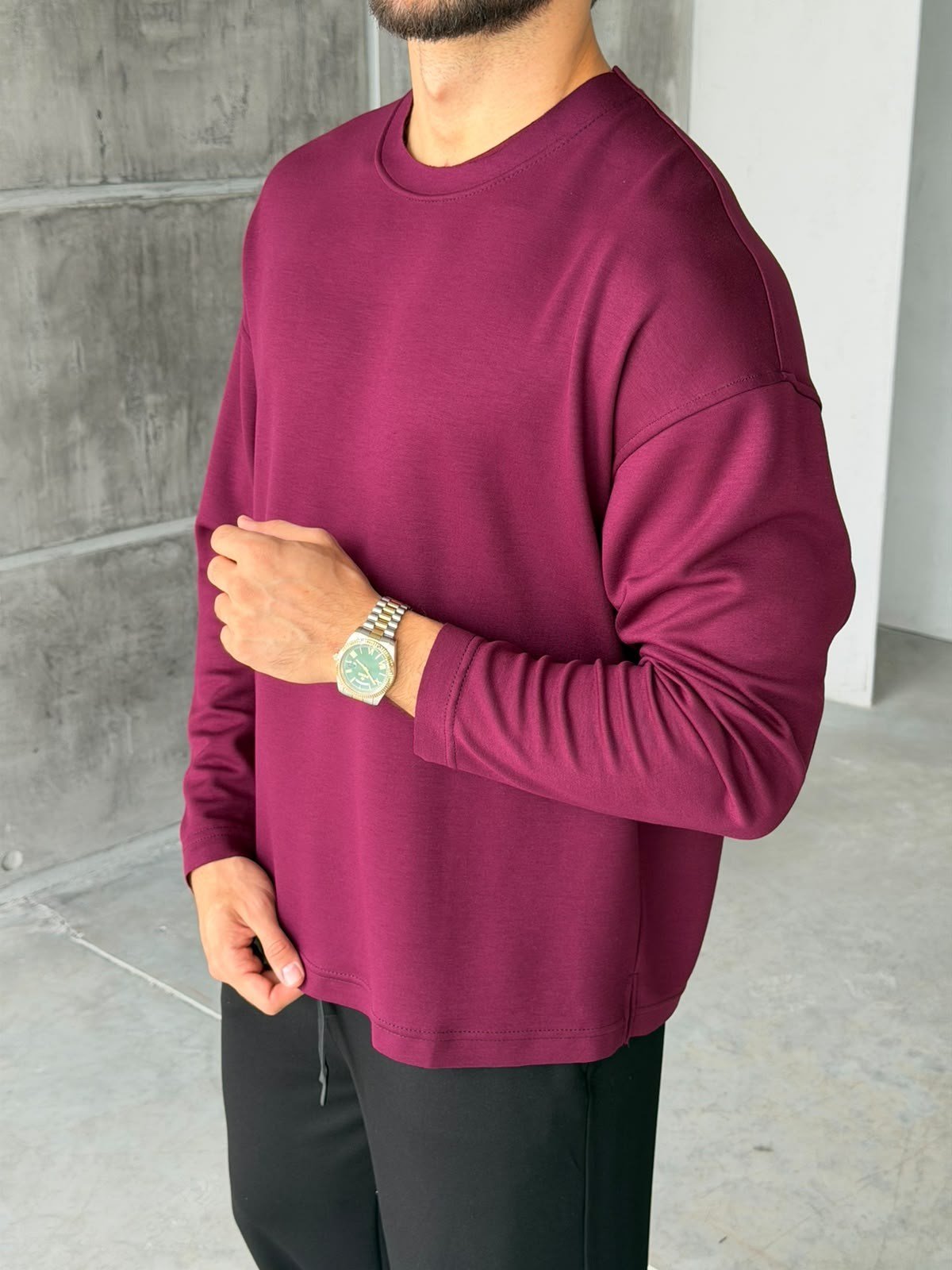 Naturel Kesim Basıc Bisiklet Yaka Sweat Bordo