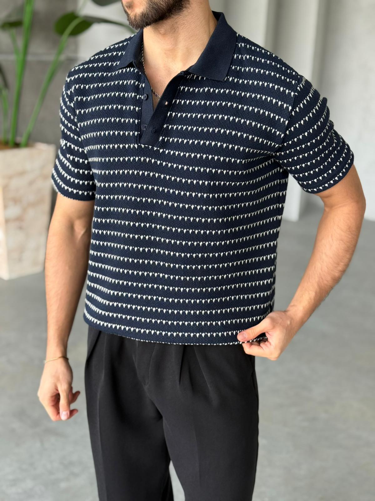 Örme Çizgili Polo Yaka Triko M - Lacivert
