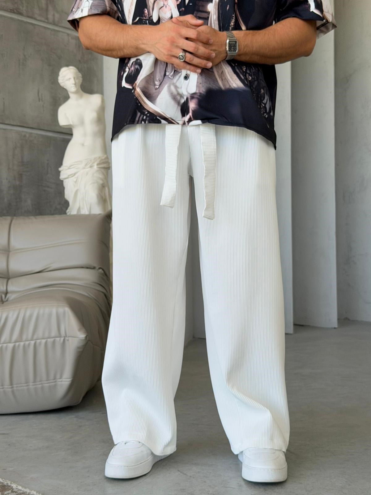 Ottoman kumaş FİTİLLİ Wide Leg Pantolon - BEYAZ