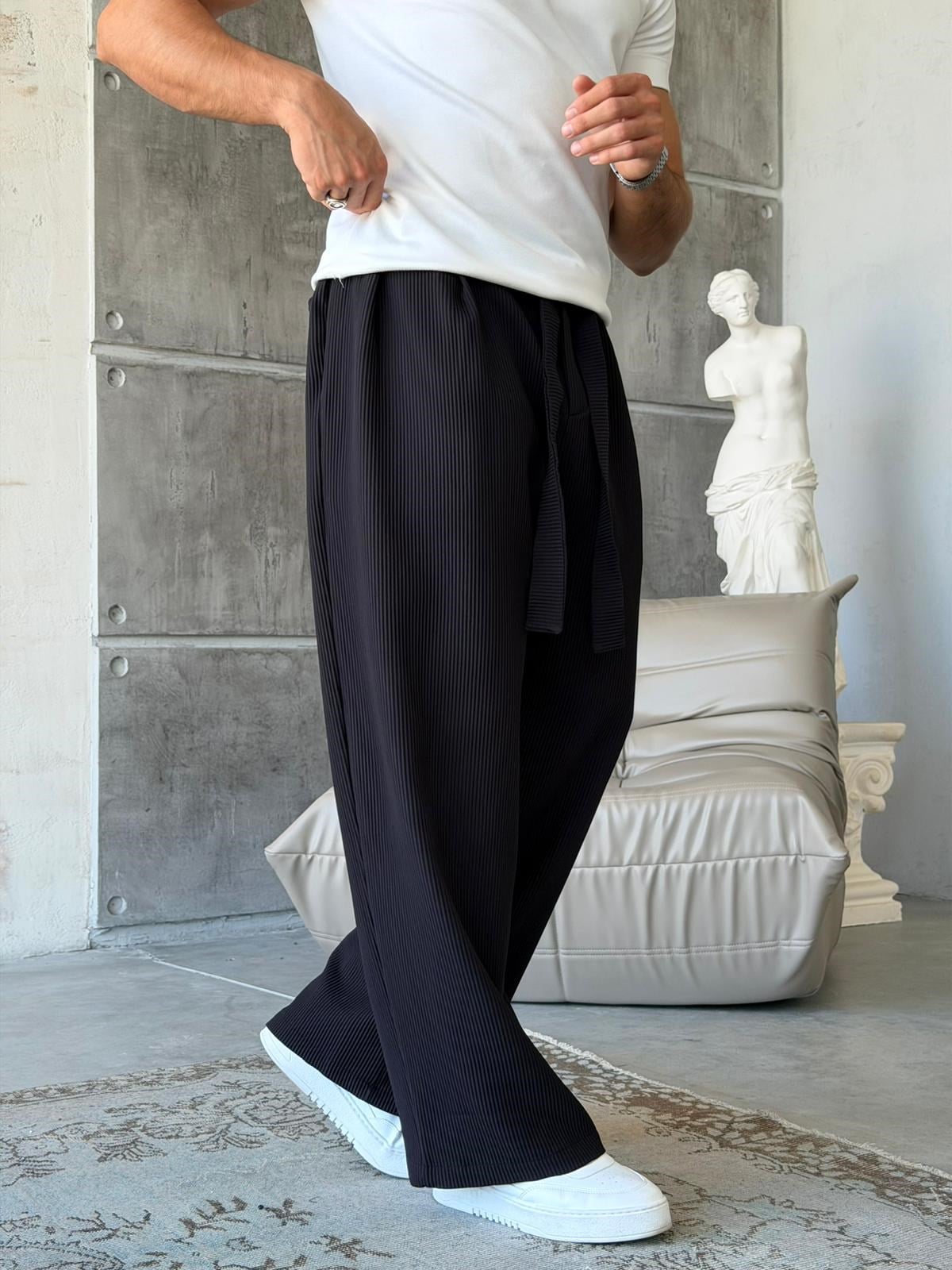 Ottoman kumaş FİTİLLİ Wide Leg Pantolon -SİYAH