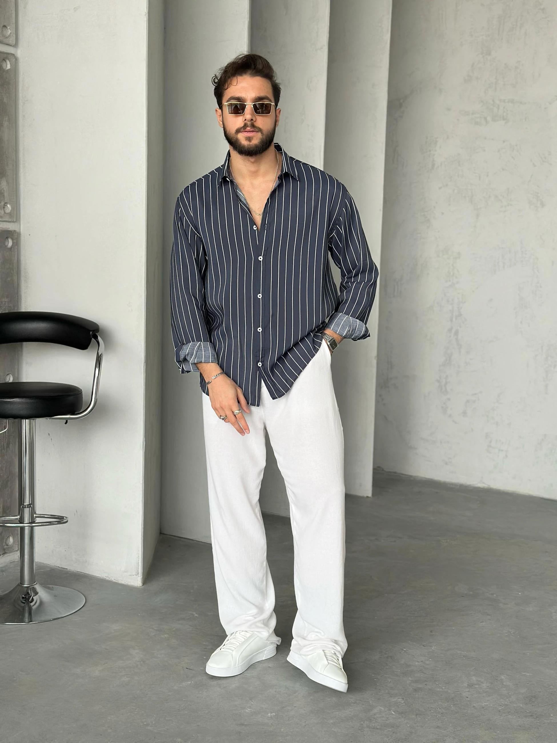 Oversize Çizgili Modal Gömlek Lacivert Beyaz