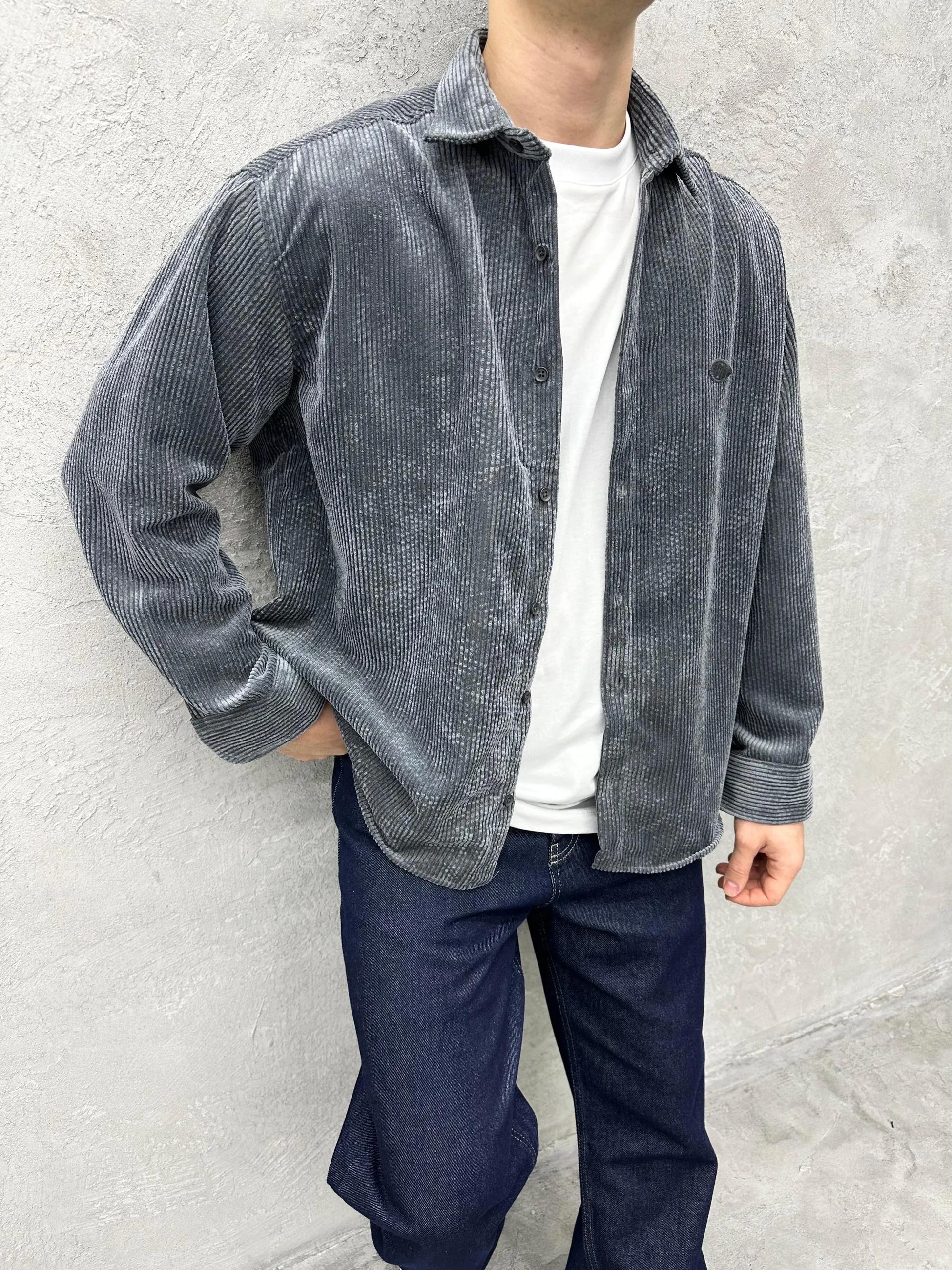 Oversize Kadife Kumaş Gömlek Gri