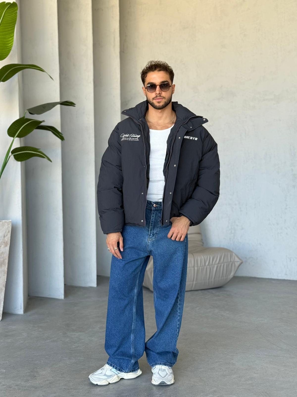Oversize Nakışlı Şişme Mont SİYAH