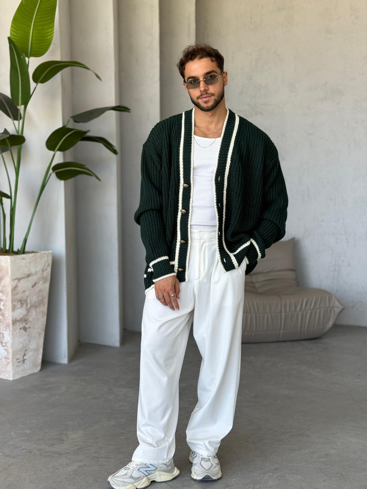 Oversize Old Money Şeritli Örme Hırka Yeşil-Ekru