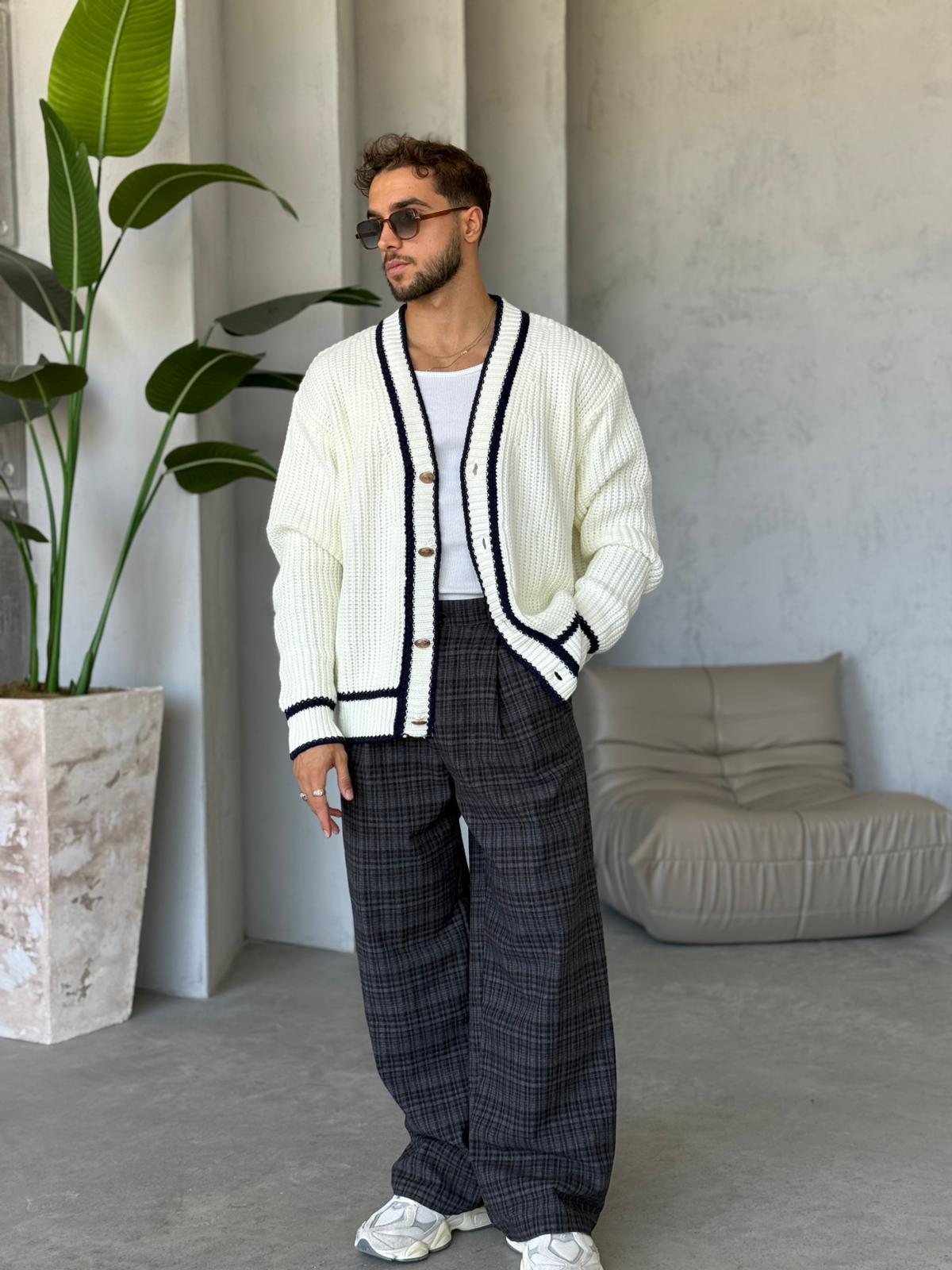 Oversize Old Money Şeritli Örme Hırka Ekru-Laci