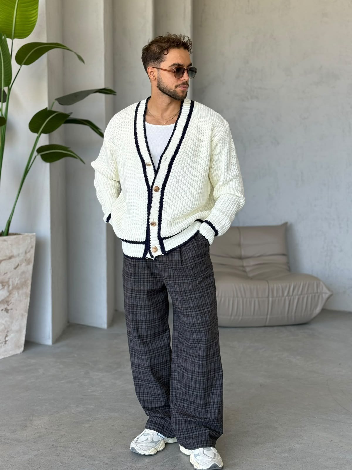 Oversize Old Money Şeritli Örme Hırka Ekru-Laci
