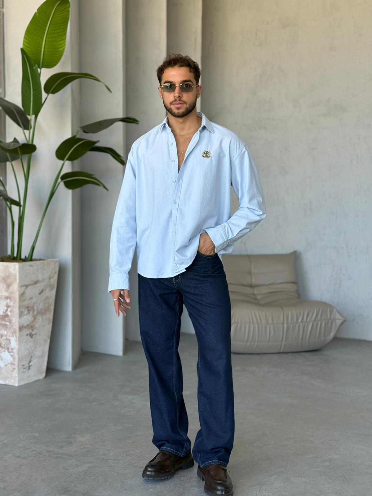 Oxford Herigate Nakışlı Oversize Gömlek Bebe Mavi