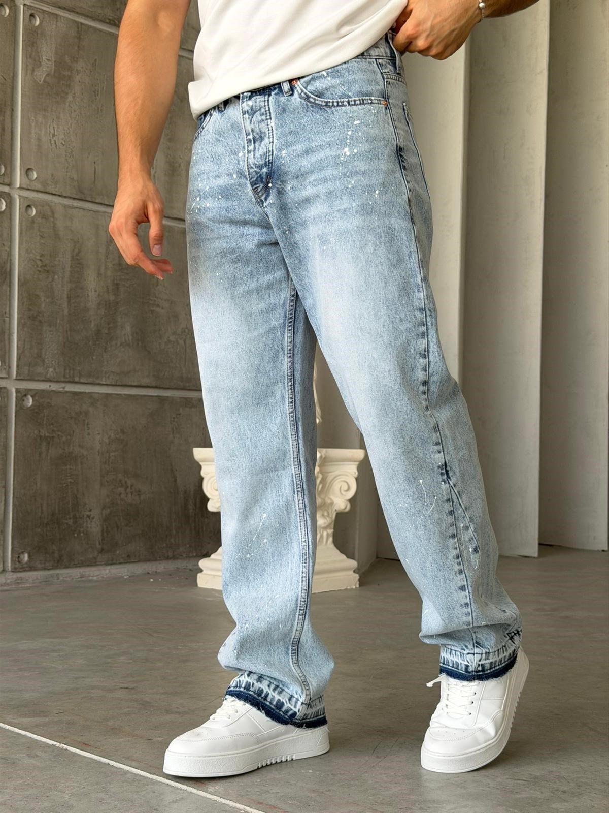 Paça Detaylı Boyalı Baggy Kot Pantolon-W