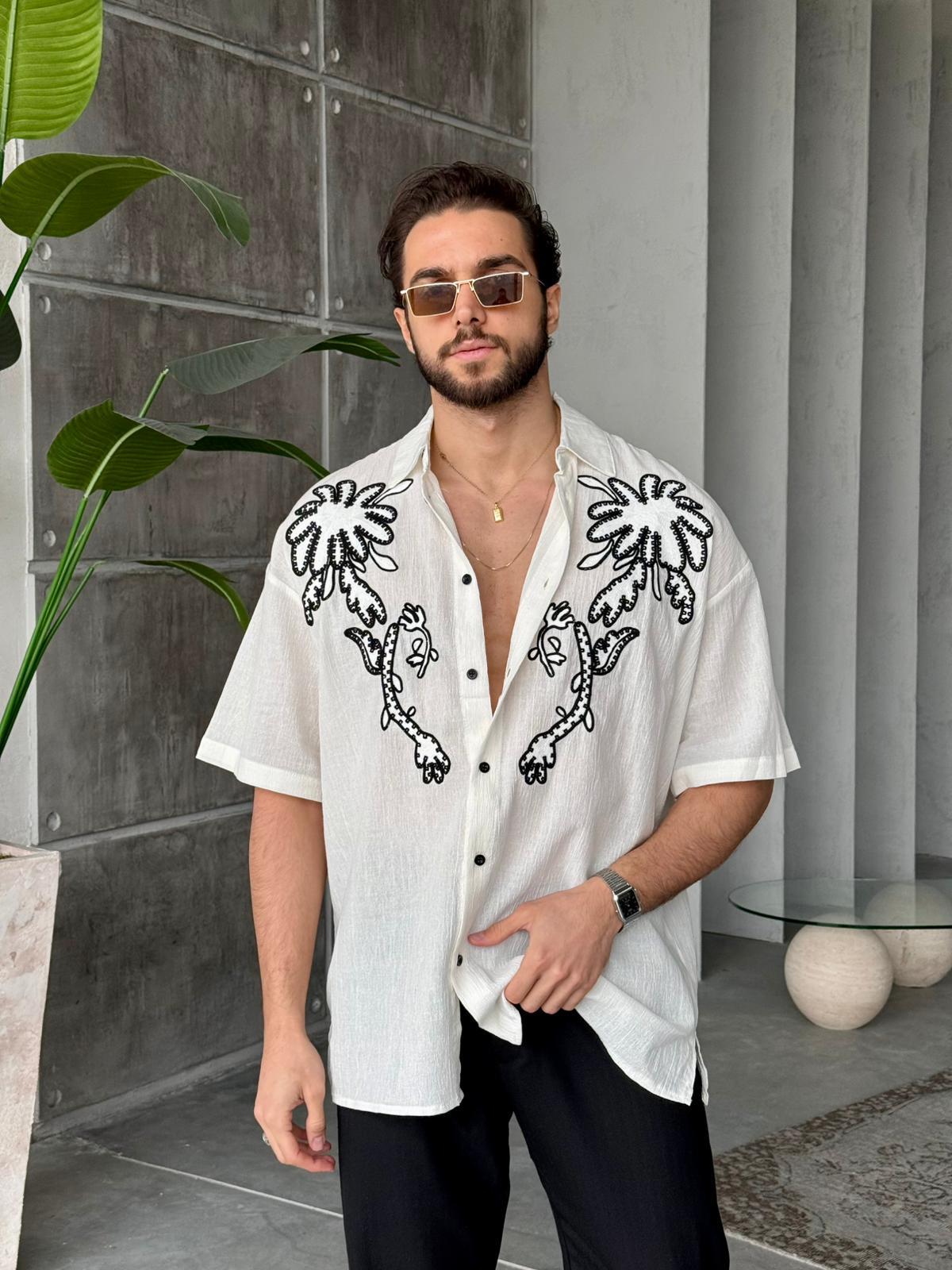 Palm Nakış Detaylı Oversize Keten Gömlek T - Ekru