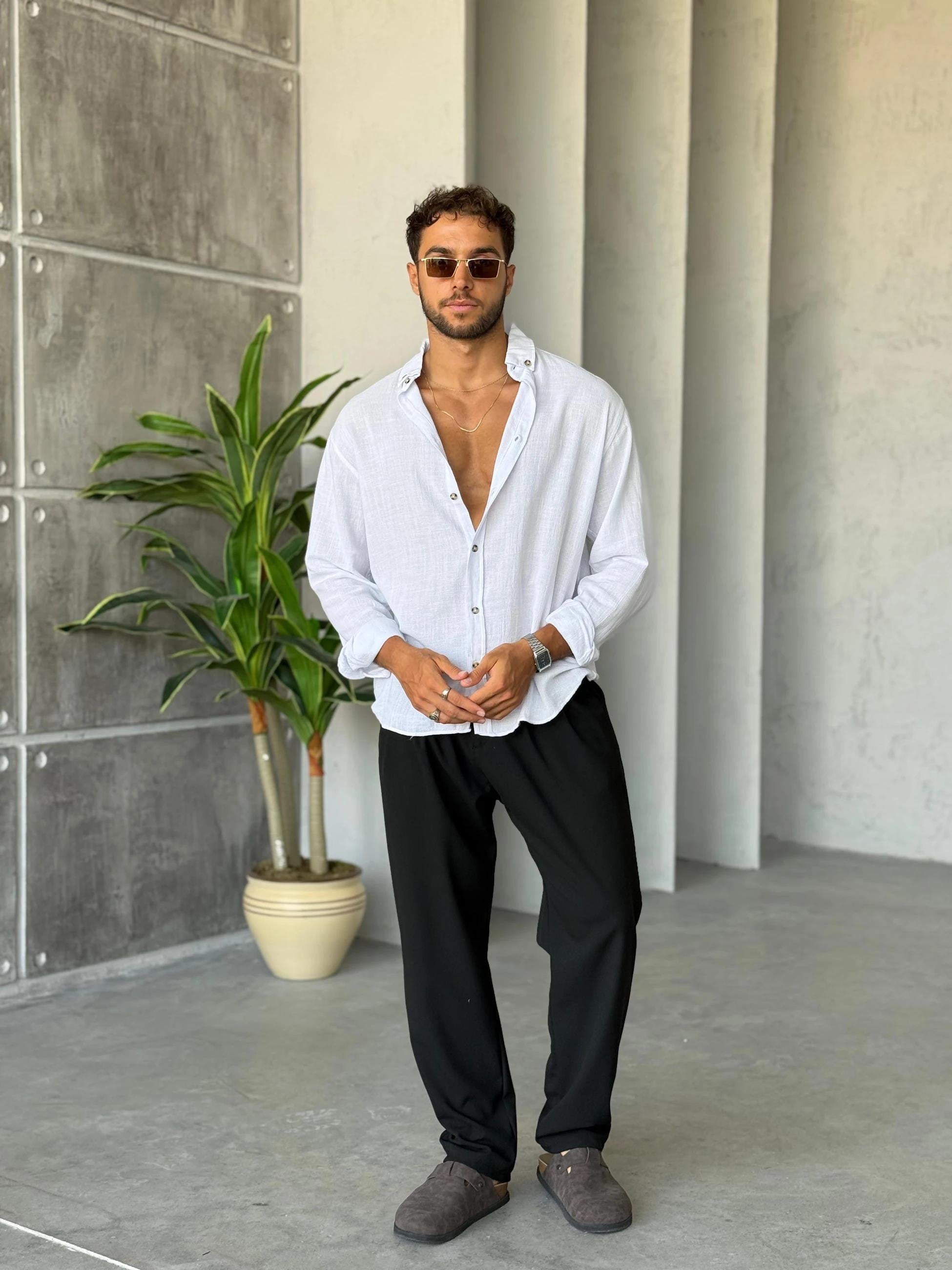Pamuk Keten Oversize Gömlek Beyaz